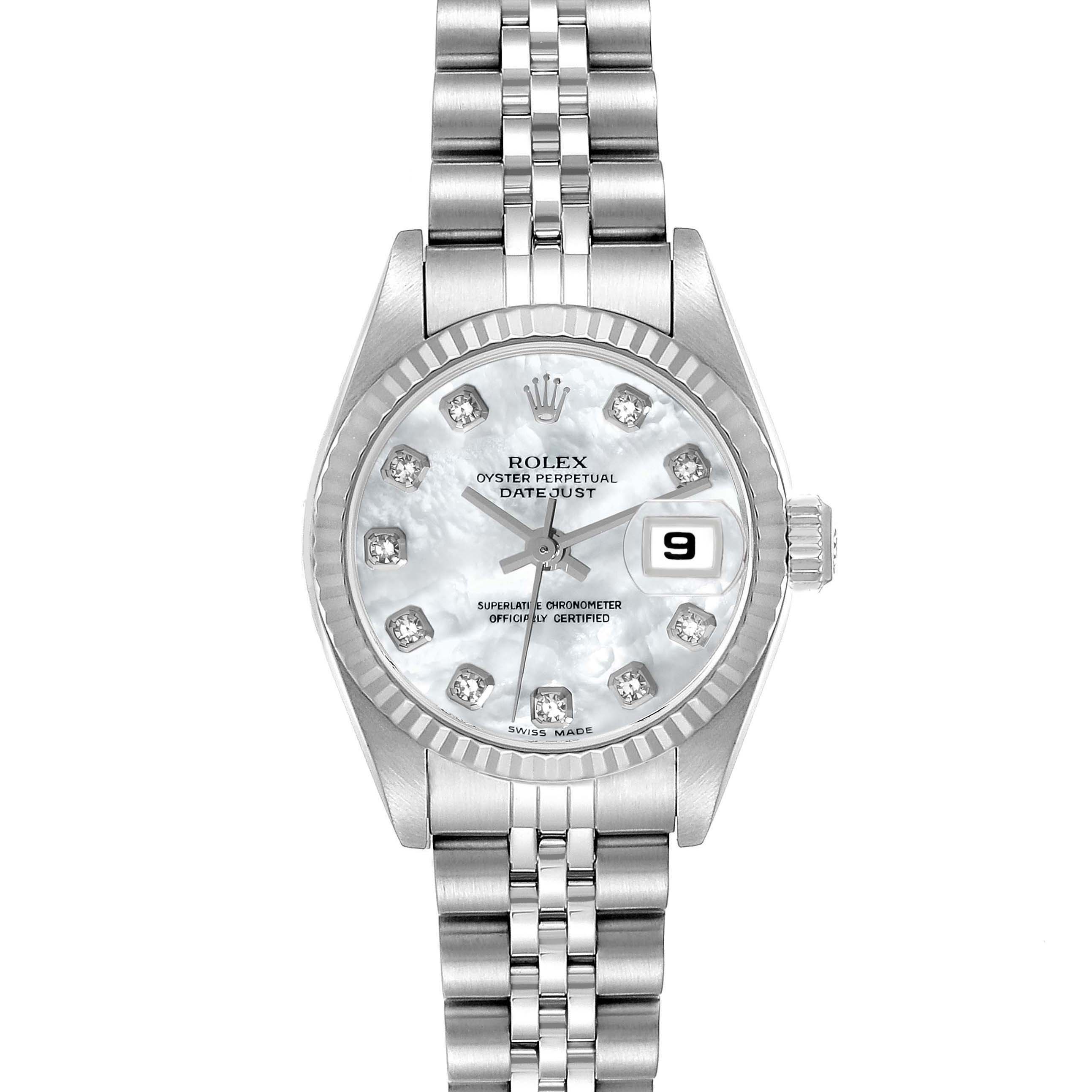 The image shows a Rolex Datejust 79174 Women's Stainless Steel Mother of Pearl Dial 79174 Women's Stainless Steel Mother of Pearl Dial watch with a mother-of-pearl dial, diamond hour markers, and a Jubilee bracelet, viewed from the front.