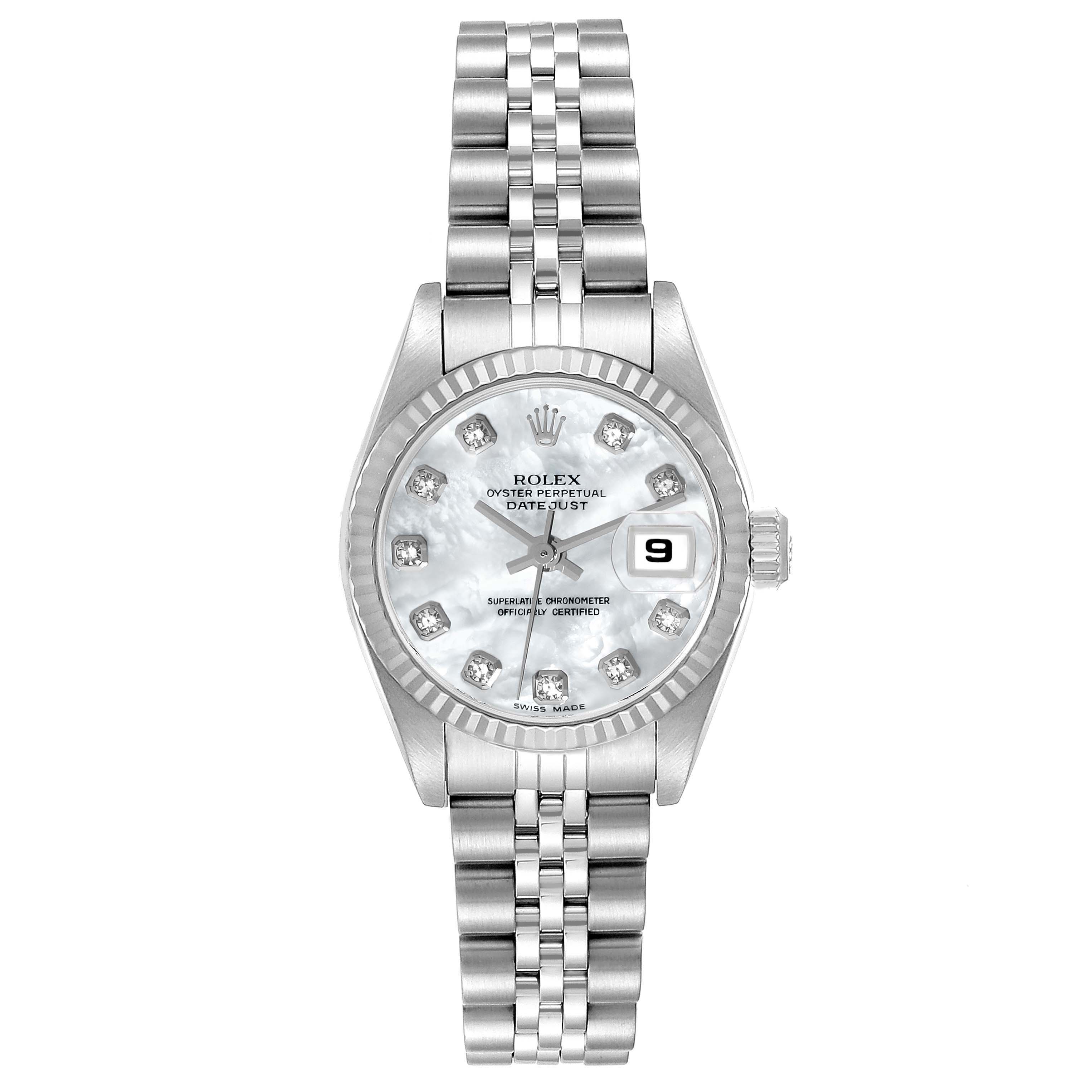 The image shows a front view of a Rolex Datejust 79174 Women's Stainless Steel Mother of Pearl Dial 79174 Women's Stainless Steel Mother of Pearl Dial watch, displaying the face, bezel, crown, and bracelet.
