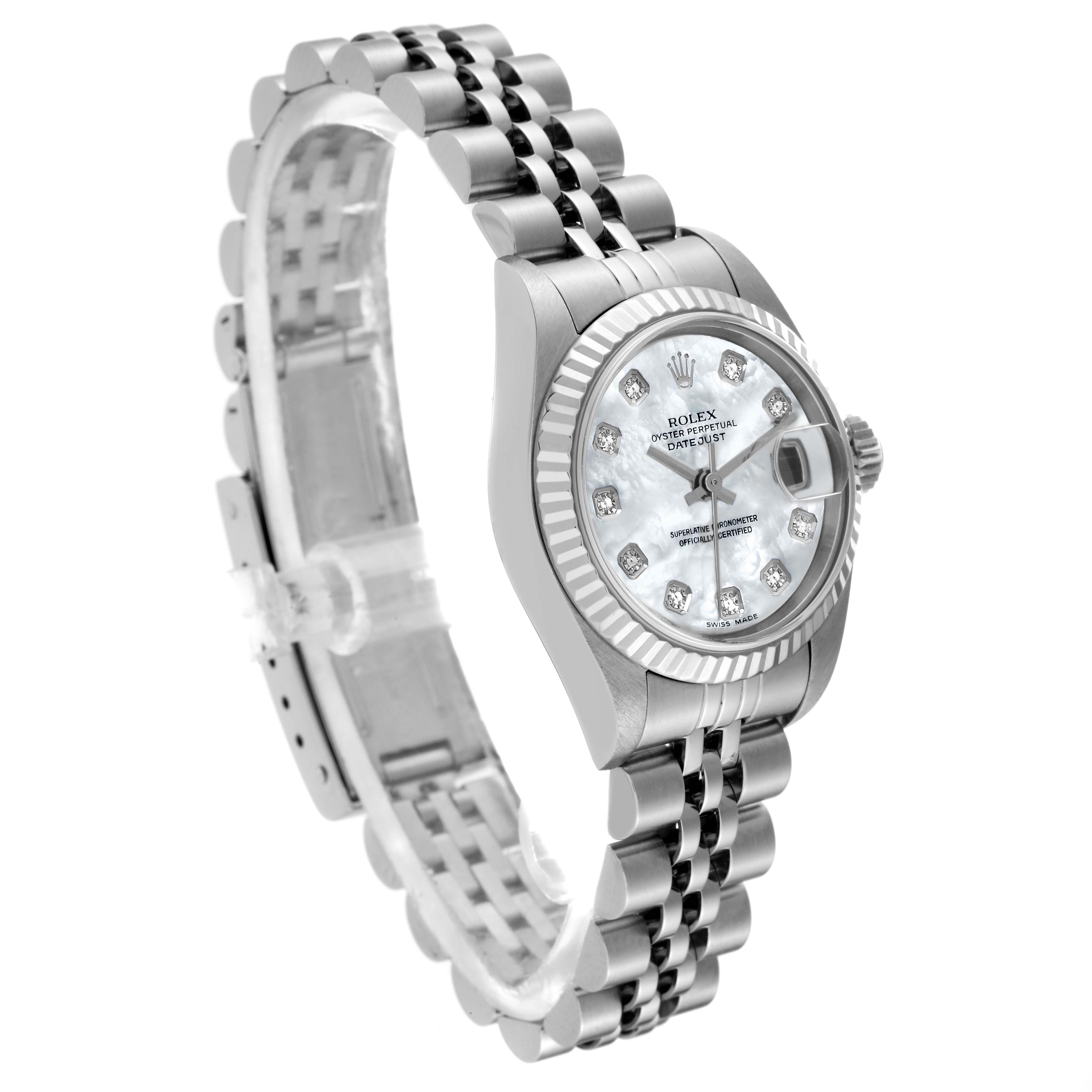 The image shows a Rolex Datejust 79174 Women's Stainless Steel Mother of Pearl Dial 79174 Women's Stainless Steel Mother of Pearl Dial watch at a three-quarter angle, highlighting its face, case, and bracelet.