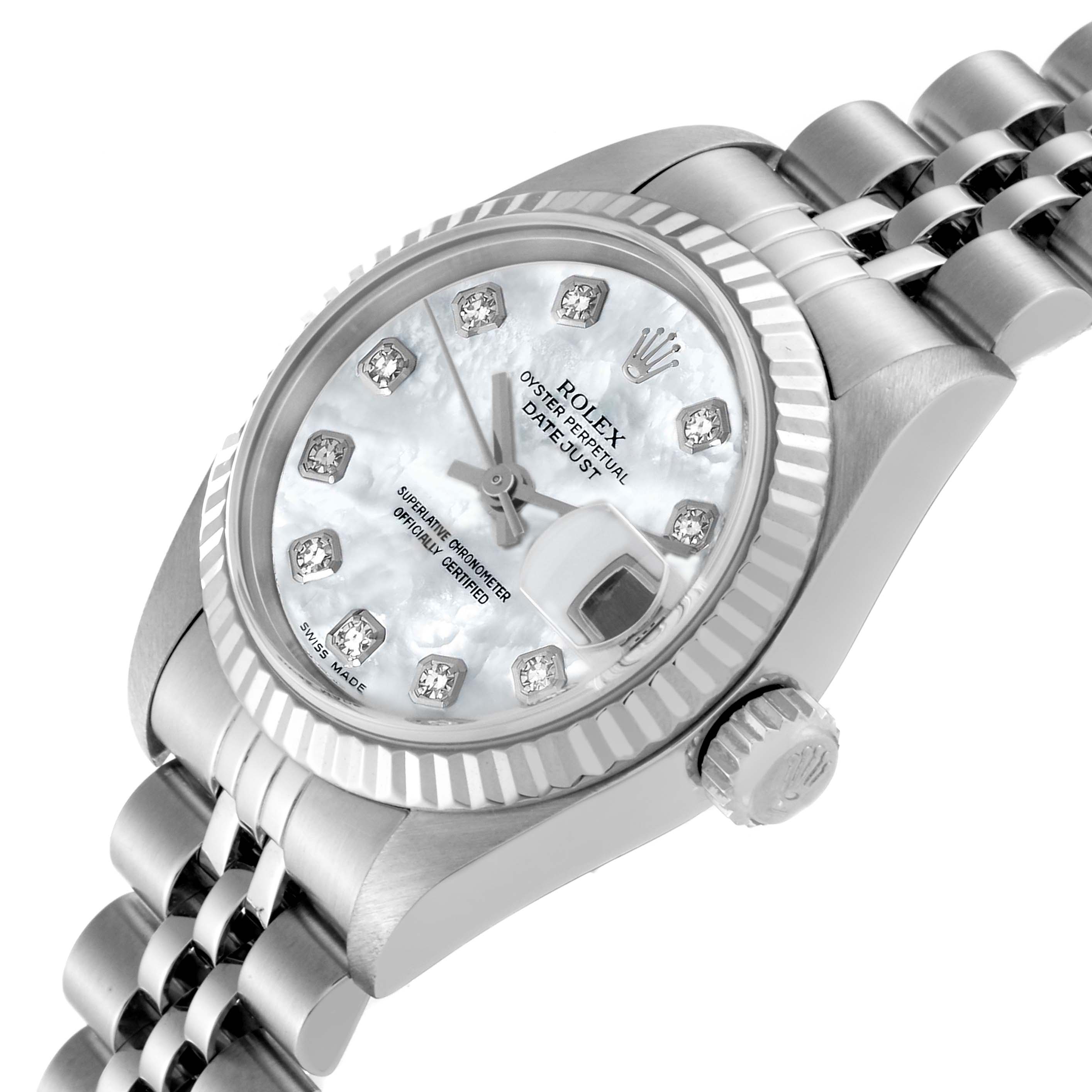 The image shows a Rolex Datejust 79174 Women's Stainless Steel Mother of Pearl Dial 79174 Women's Stainless Steel Mother of Pearl Dial watch at a slight angle, highlighting its face, bracelet, and crown.