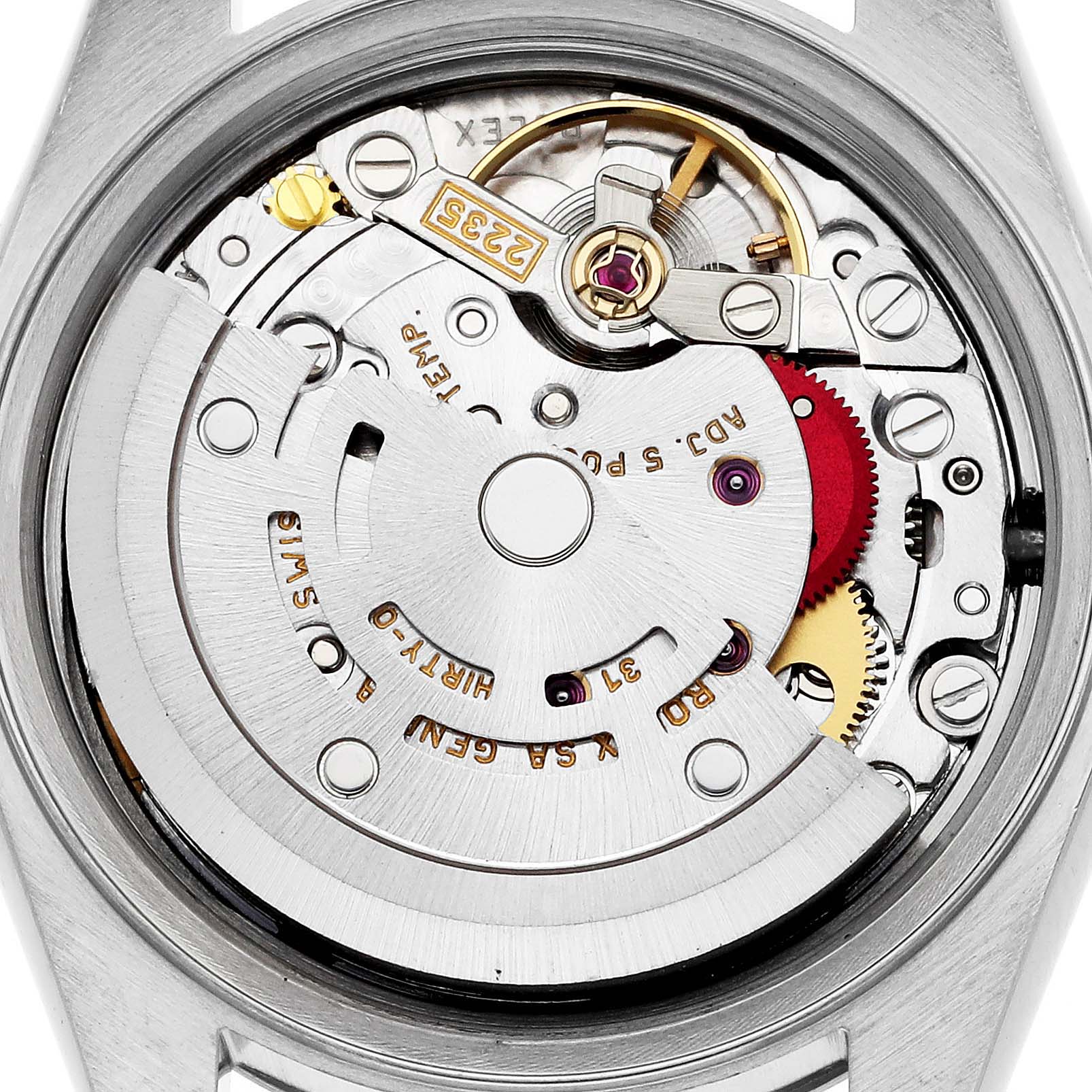 The image shows a top-down view of the movement and internal mechanics of a Rolex Datejust 79174 Women's Stainless Steel Mother of Pearl Dial 79174 Women's Stainless Steel Mother of Pearl Dial watch.