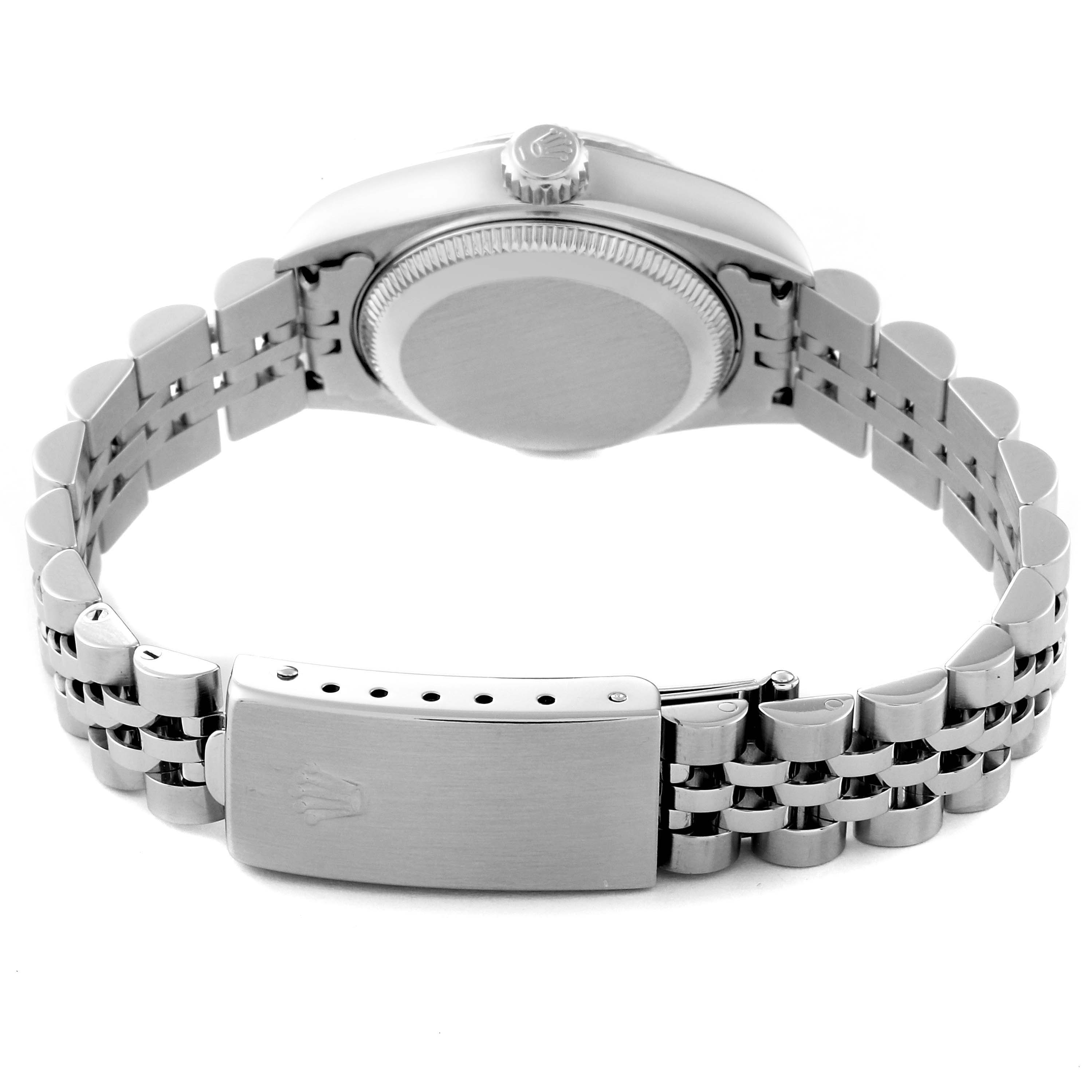 The image displays the back of the Rolex Datejust 79174 Women's Stainless Steel Mother of Pearl Dial 79174 Women's Stainless Steel Mother of Pearl Dial watch, including the case back, crown, and Jubilee bracelet with its clasp.