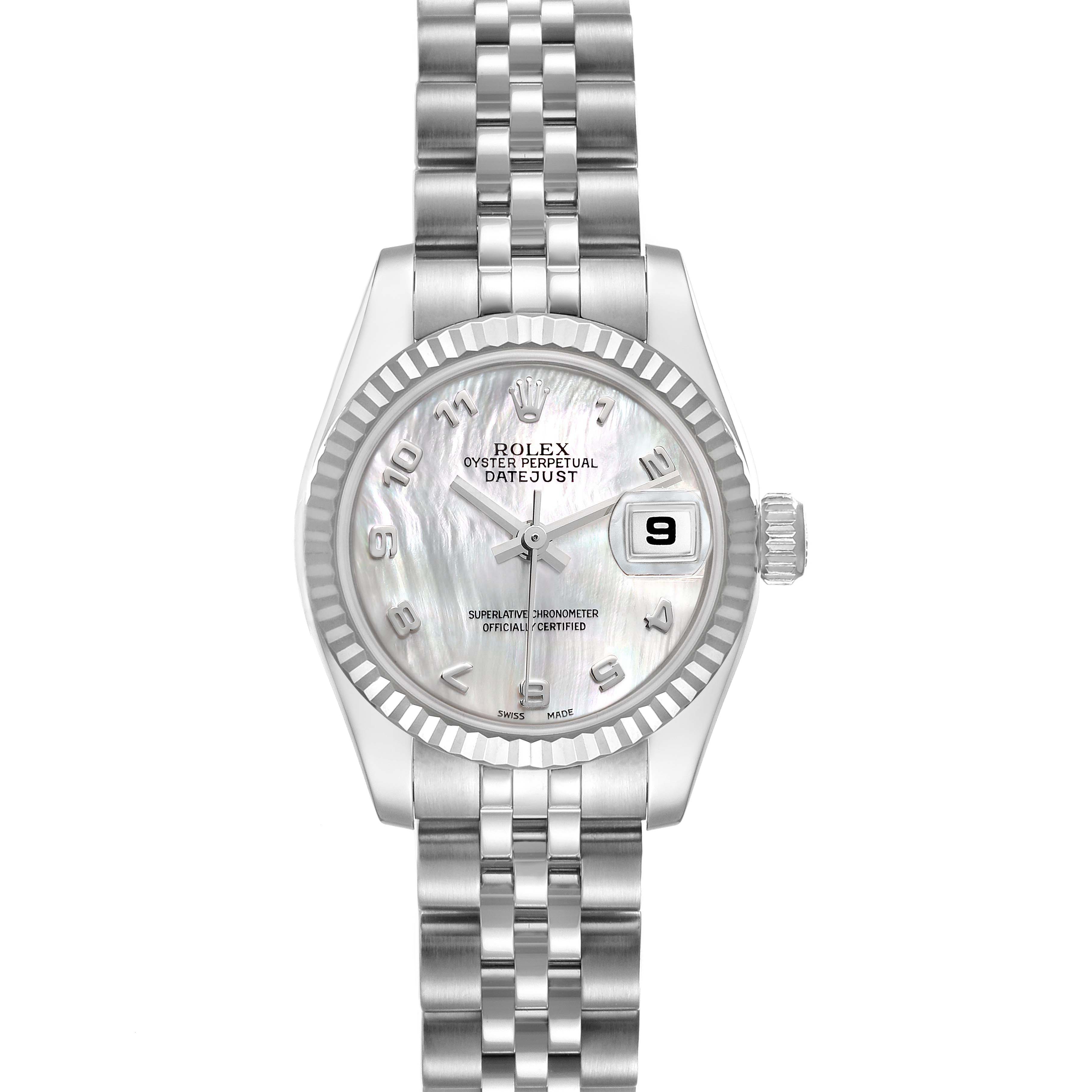 The Rolex Datejust 179174 Women
s Stainless Steel Mother of Pearl Dial 179174 Women
s Stainless Steel Mother of Pearl Dial watch is shown from a top-down angle, highlighting the dial, bezel, bracelet, and date feature.