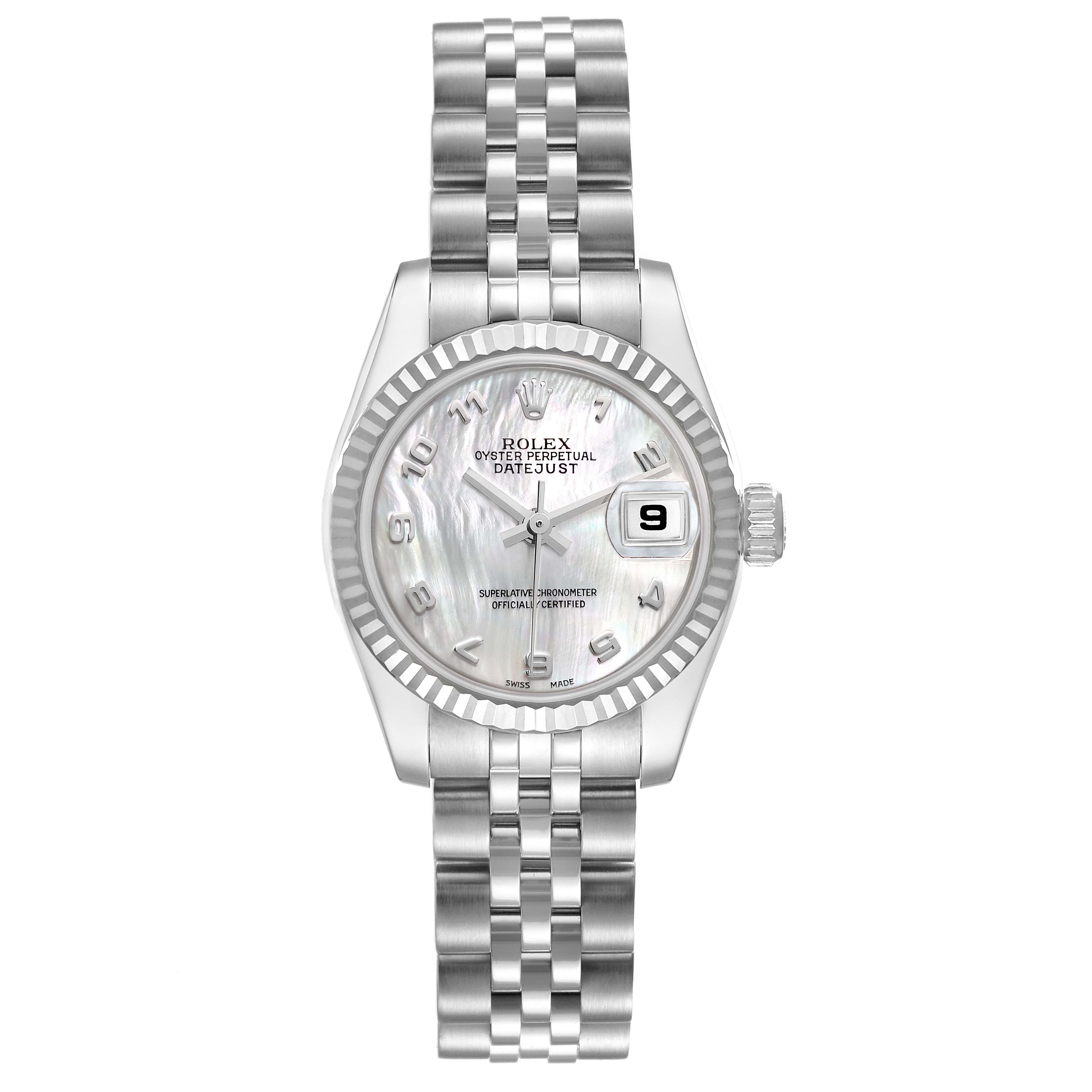 The Rolex Datejust 179174 Women
s Stainless Steel Mother of Pearl Dial 179174 Women
s Stainless Steel Mother of Pearl Dial watch is shown from the front, highlighting the dial, bezel, and bracelet.