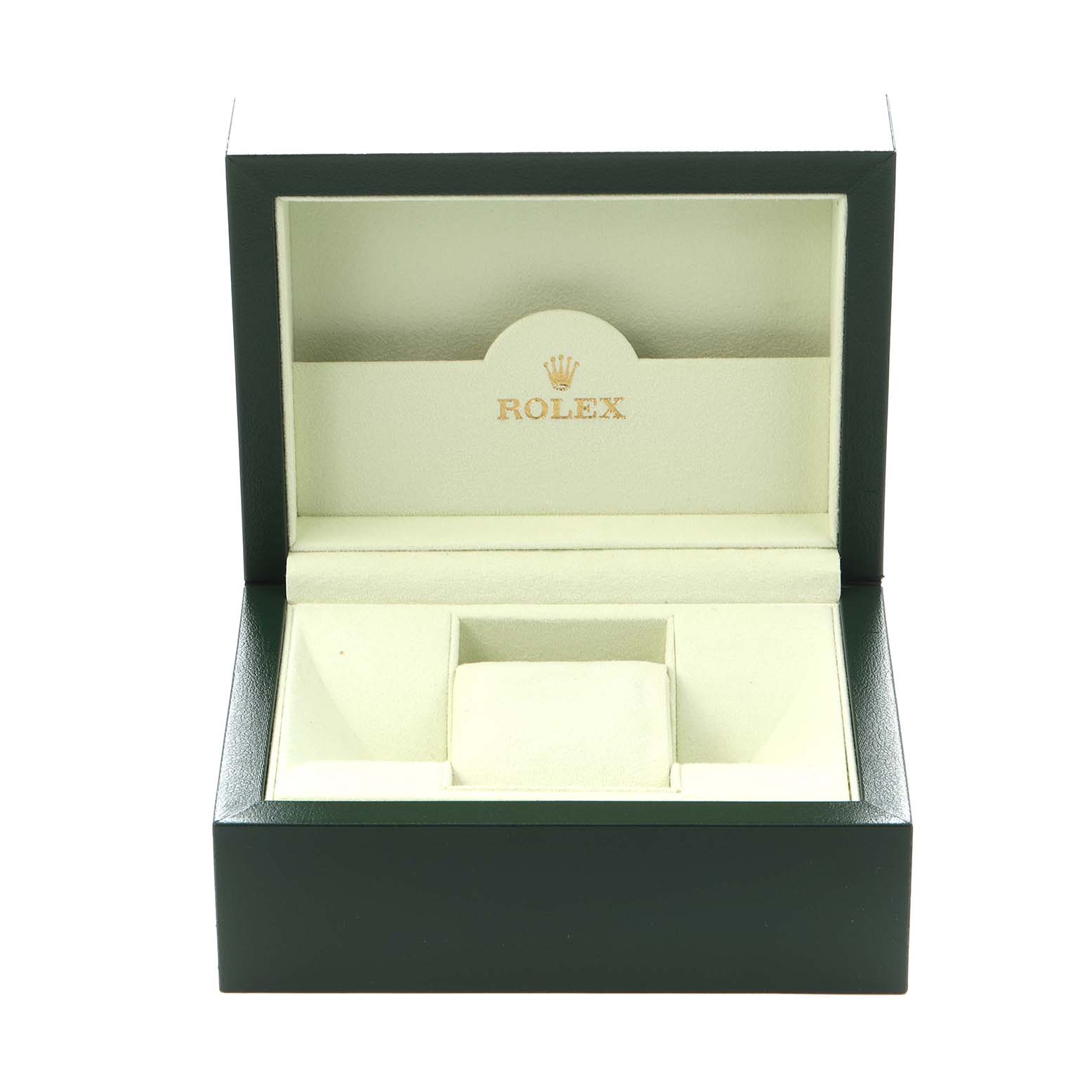 The image shows an open Rolex Datejust 179174 Women
s Stainless Steel Mother of Pearl Dial 179174 Women
s Stainless Steel Mother of Pearl Dial watch box with the Rolex logo on the inside lid.