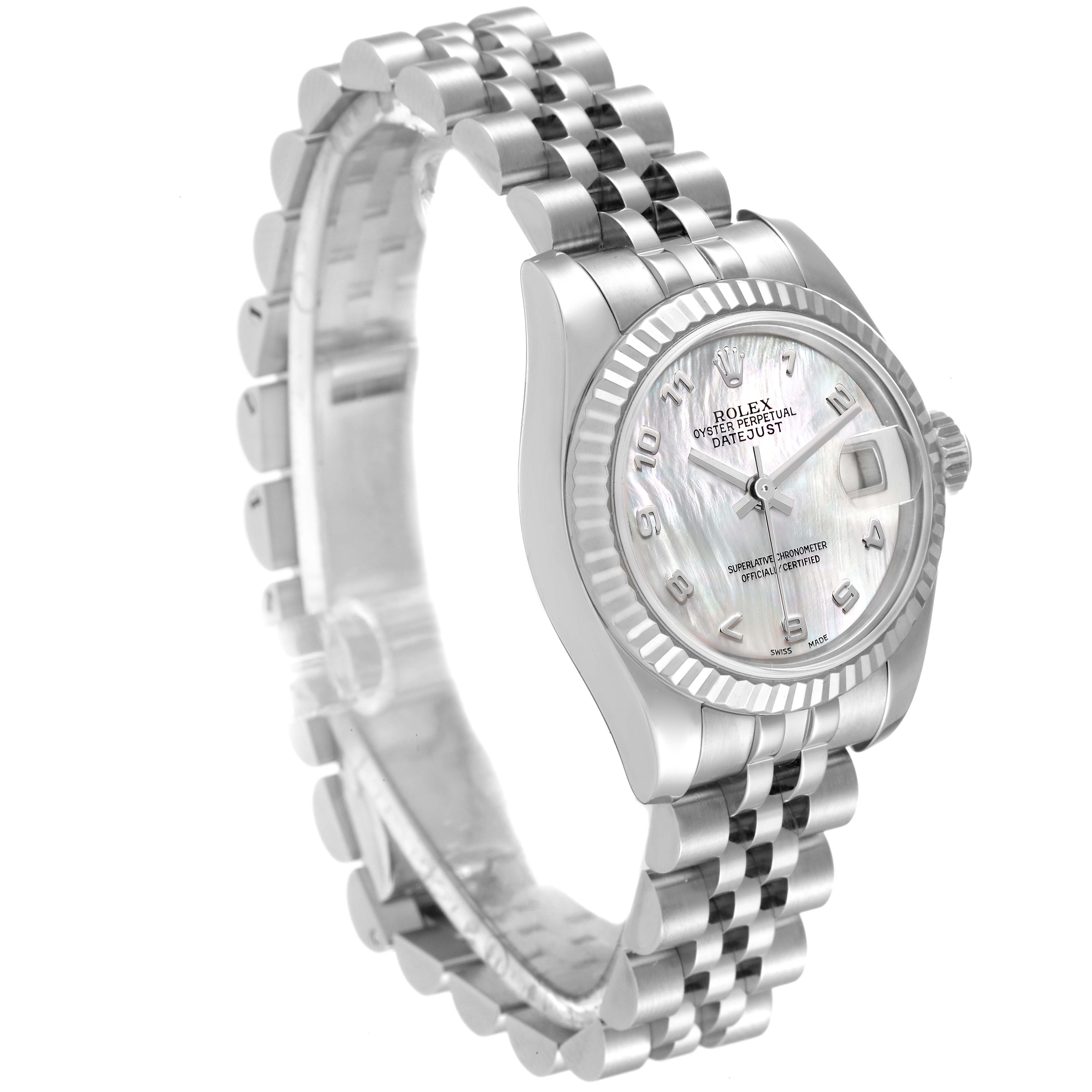 The Rolex Datejust 179174 Women
s Stainless Steel Mother of Pearl Dial 179174 Women
s Stainless Steel Mother of Pearl Dial watch is shown at an angled view, highlighting the dial, bezel, and Jubilee bracelet.