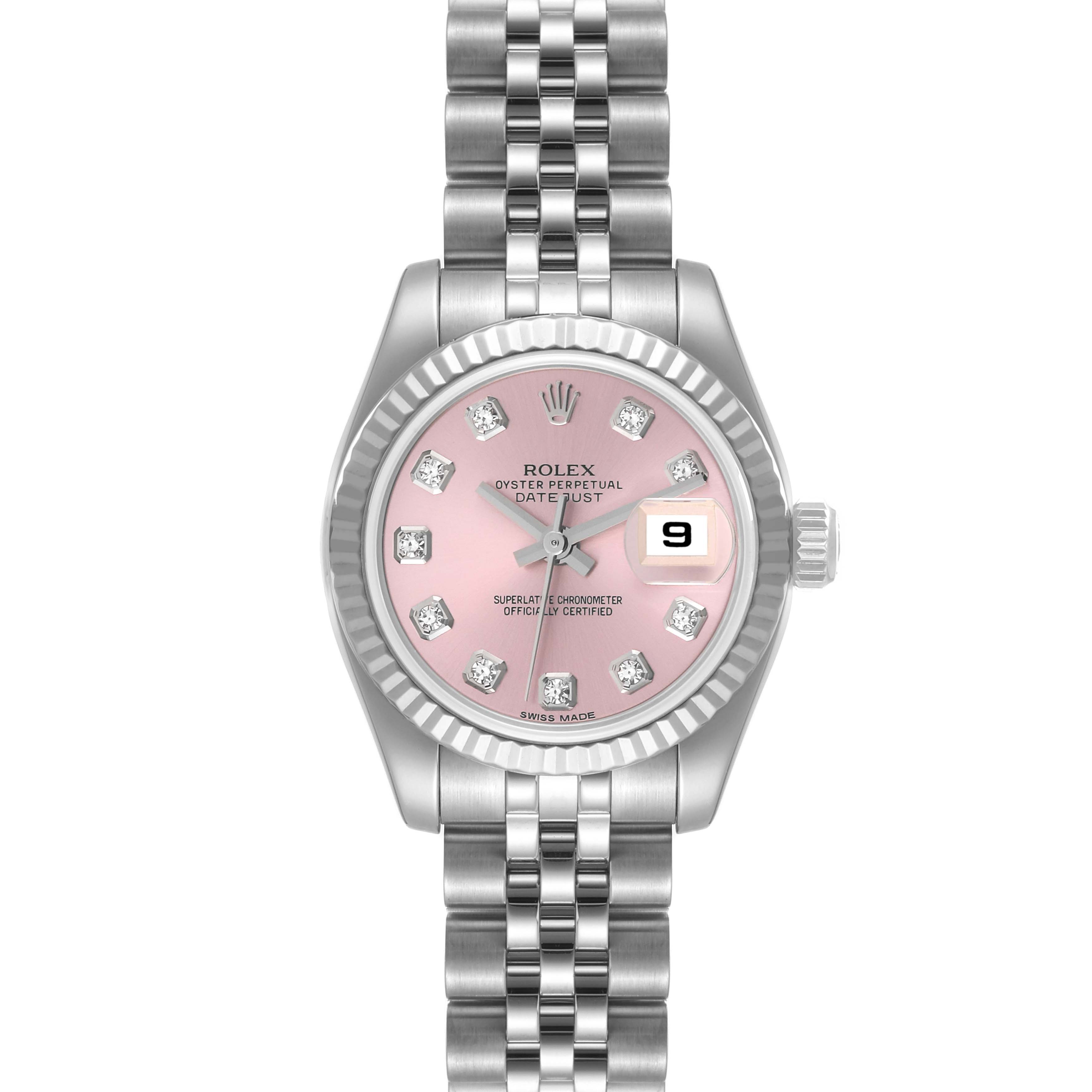 This image shows a front view of the Rolex Datejust 179174 Women's Stainless Steel Pink Dial 179174 Women's Stainless Steel Pink Dial watch, featuring a pink dial with diamond hour markers and a stainless steel bracelet.