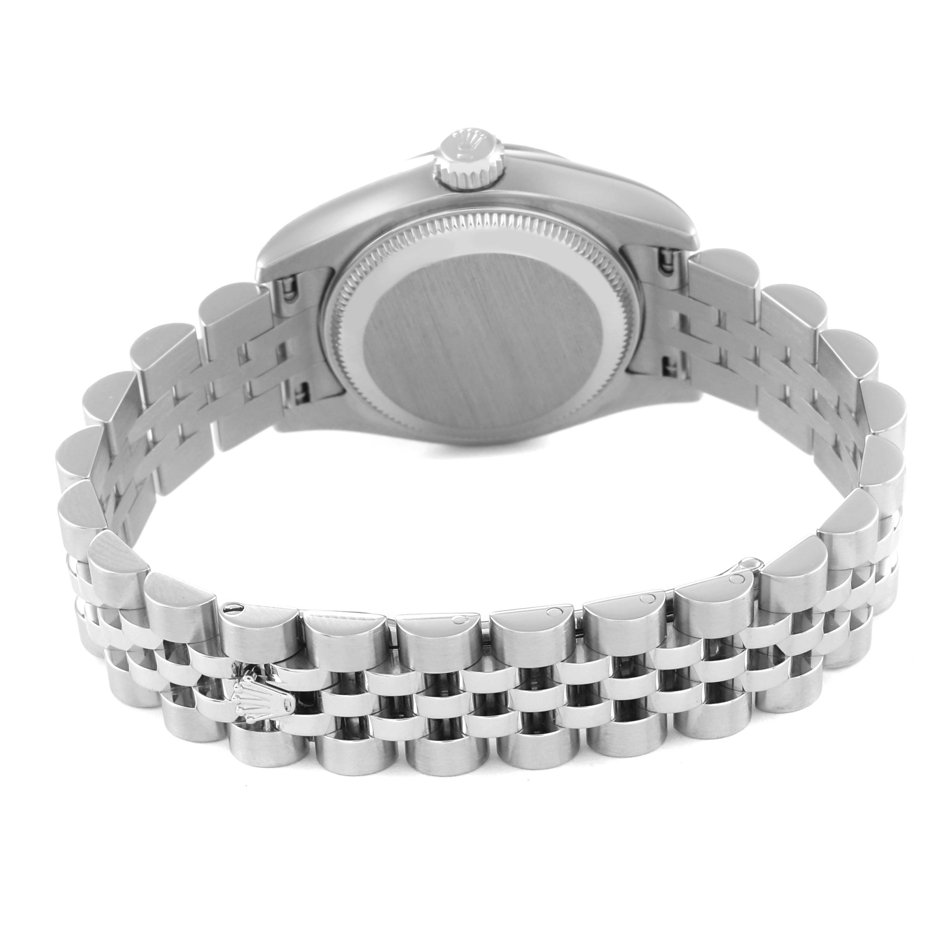 The image shows the back and bracelet of the Rolex Datejust 179174 Women's Stainless Steel Pink Dial 179174 Women's Stainless Steel Pink Dial watch, specifically highlighting its Jubilee bracelet.