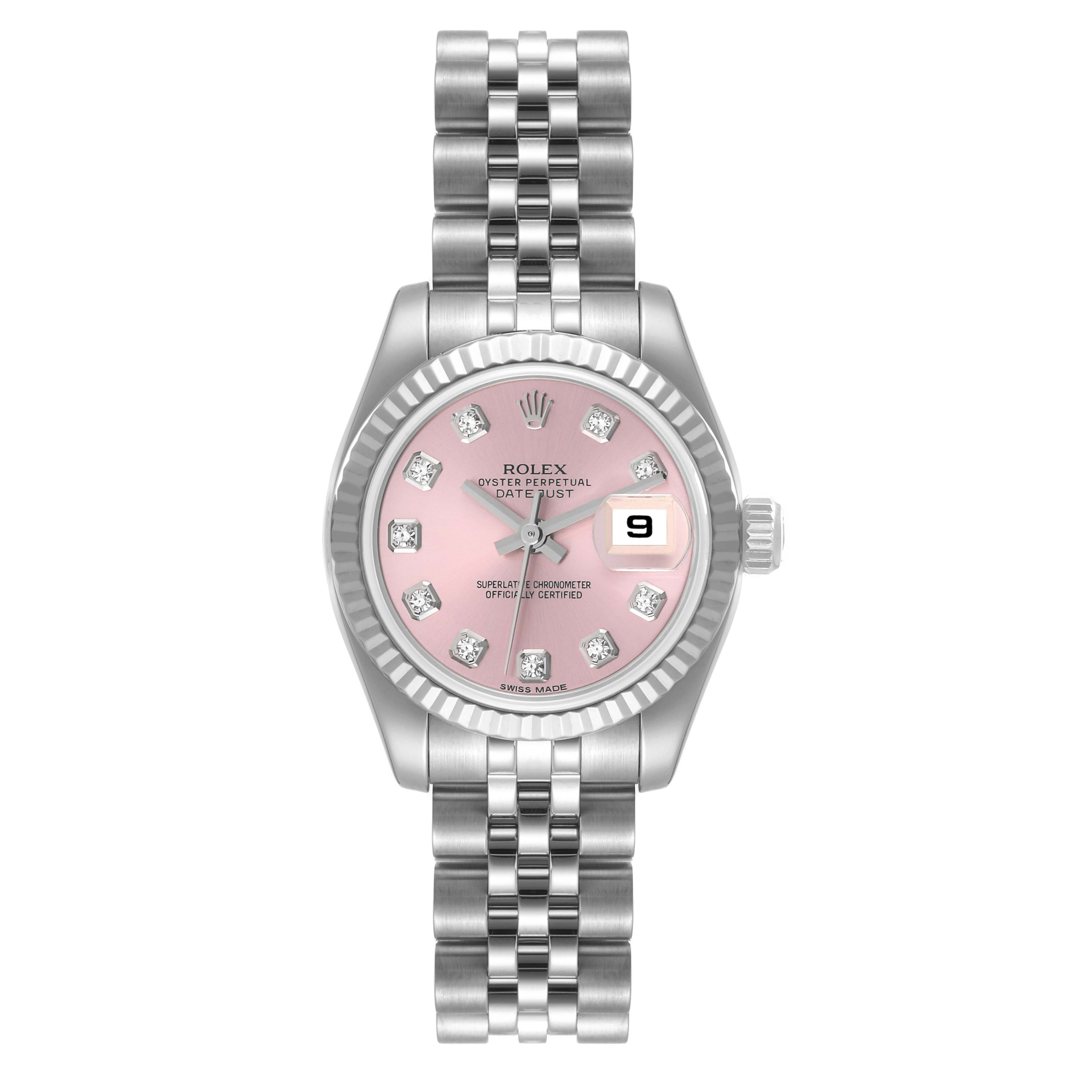 This image shows a front view of a Rolex Datejust 179174 Women's Stainless Steel Pink Dial 179174 Women's Stainless Steel Pink Dial watch with a pink dial, diamond hour markers, and a jubilee bracelet.