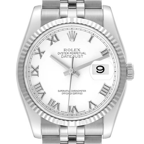 The image shows a front view of a Rolex Datejust watch highlighting its white dial, Roman numerals, fluted bezel, and Oyster bracelet.