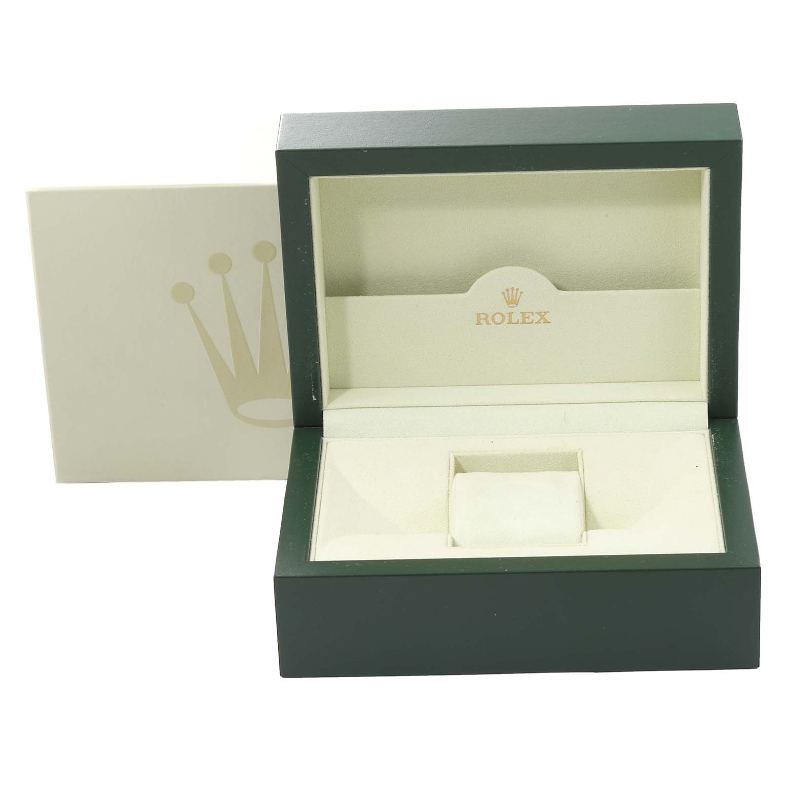 This image shows an open, empty Rolex Datejust 116234 Men's Stainless Steel White Dial 116234 Men's Stainless Steel White Dial watch box from a front angle.