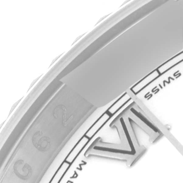 The image shows a close-up of the bezel and dial edge of a Rolex Datejust 116234 Men's Stainless Steel White Dial 116234 Men's Stainless Steel White Dial watch, focusing on the Roman numeral VI and the "Swiss" inscription.