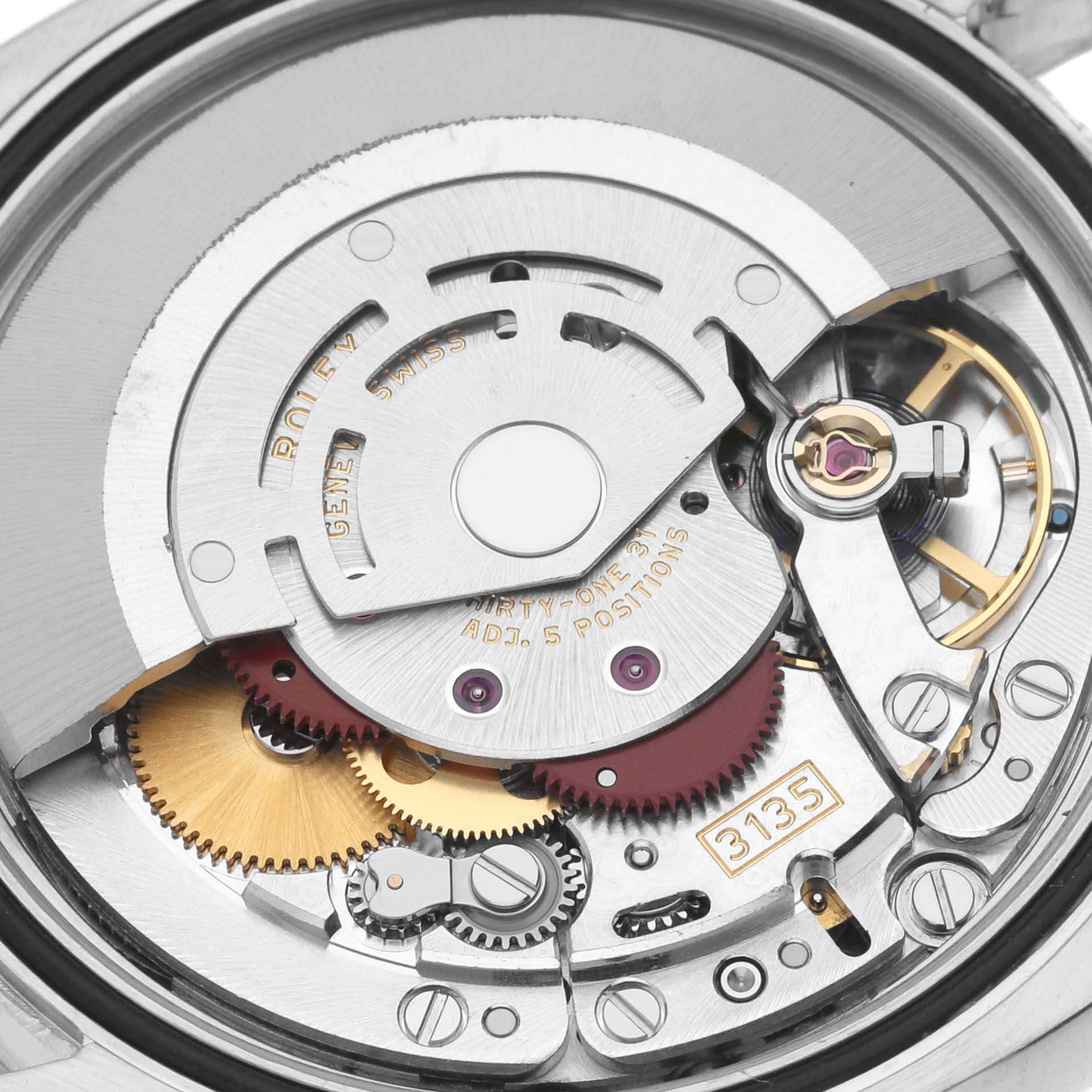 The image shows a close-up view of the movement mechanism inside the Rolex Datejust 116234 Men's Stainless Steel White Dial 116234 Men's Stainless Steel White Dial watch.