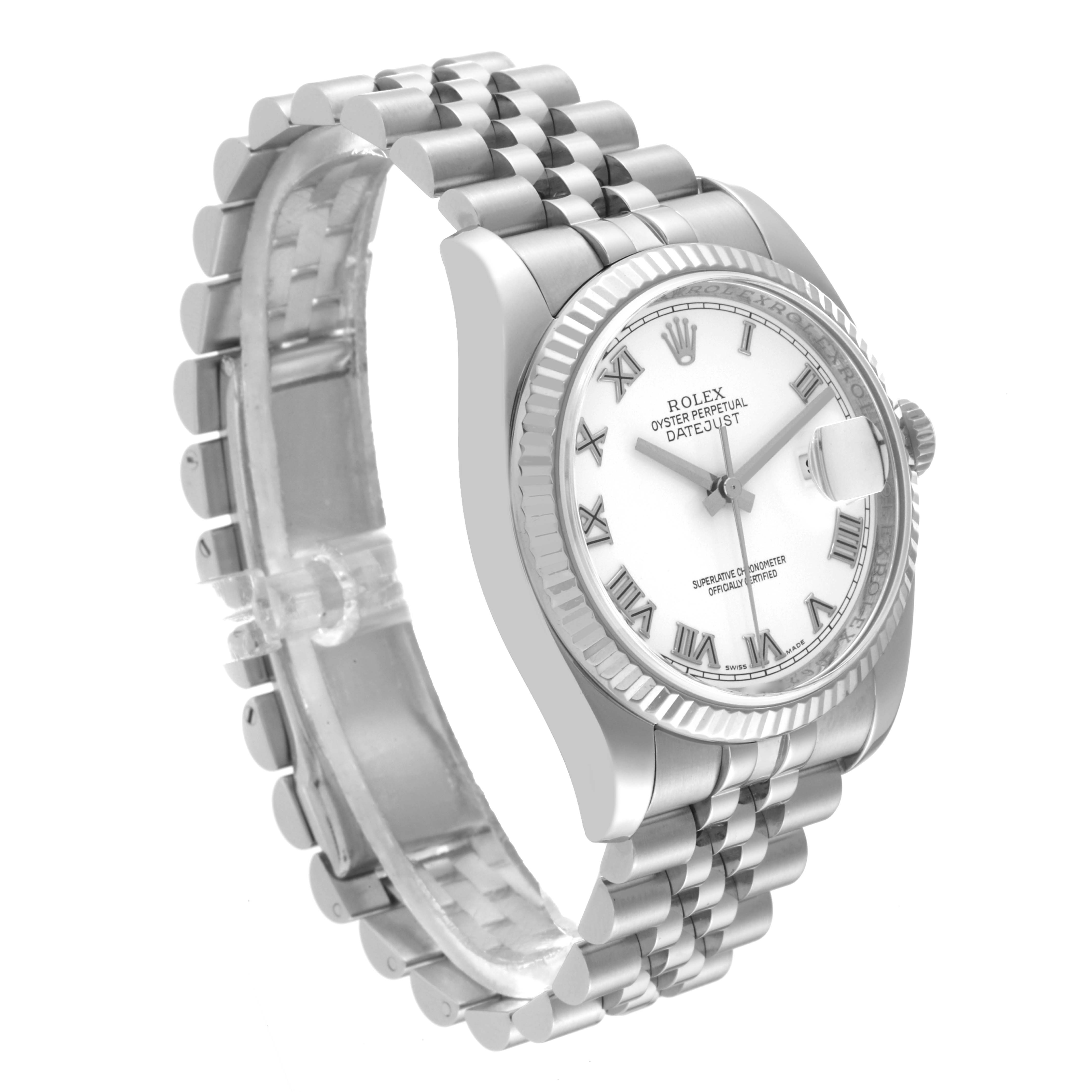The image shows a Rolex Datejust 116234 Men's Stainless Steel White Dial 116234 Men's Stainless Steel White Dial watch at an angled side view, displaying the face, bezel, and bracelet links.