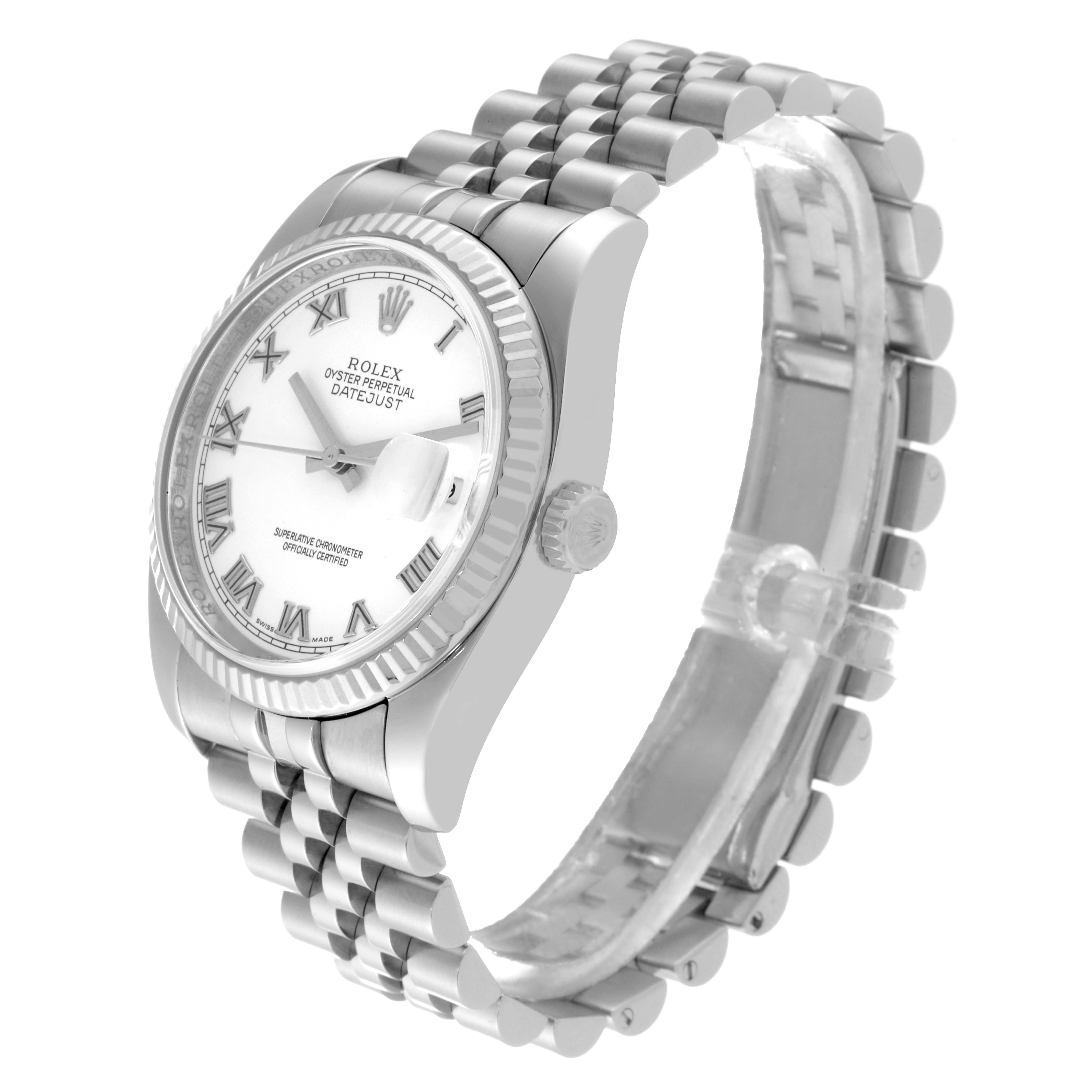 The image shows a Rolex Datejust 116234 Men's Stainless Steel White Dial 116234 Men's Stainless Steel White Dial watch at a three-quarter angle, highlighting its face, bezel, and bracelet.