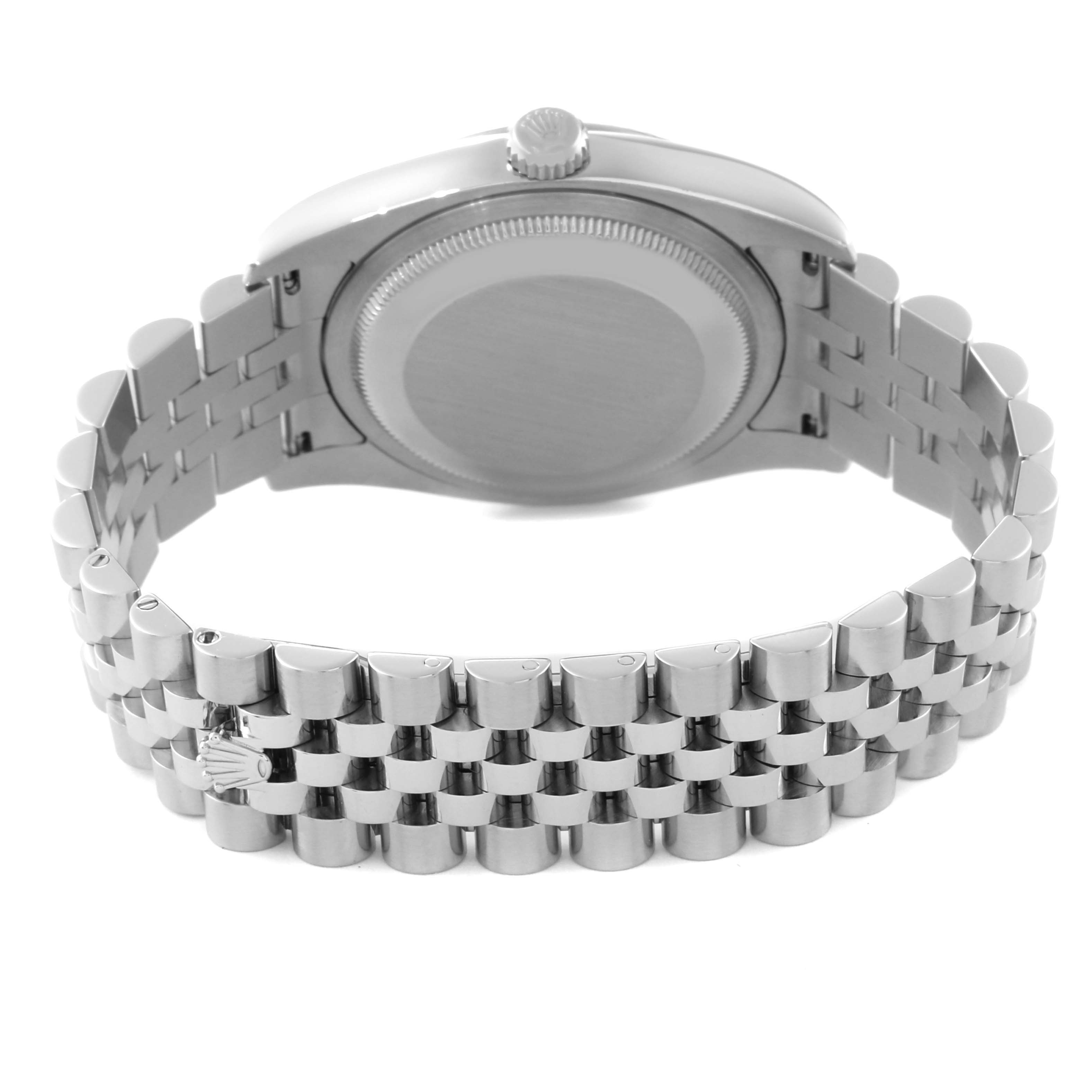 The image shows a Rolex Datejust 116234 Men's Stainless Steel White Dial 116234 Men's Stainless Steel White Dial watch from the back, highlighting the case back and bracelet in a straightened position.