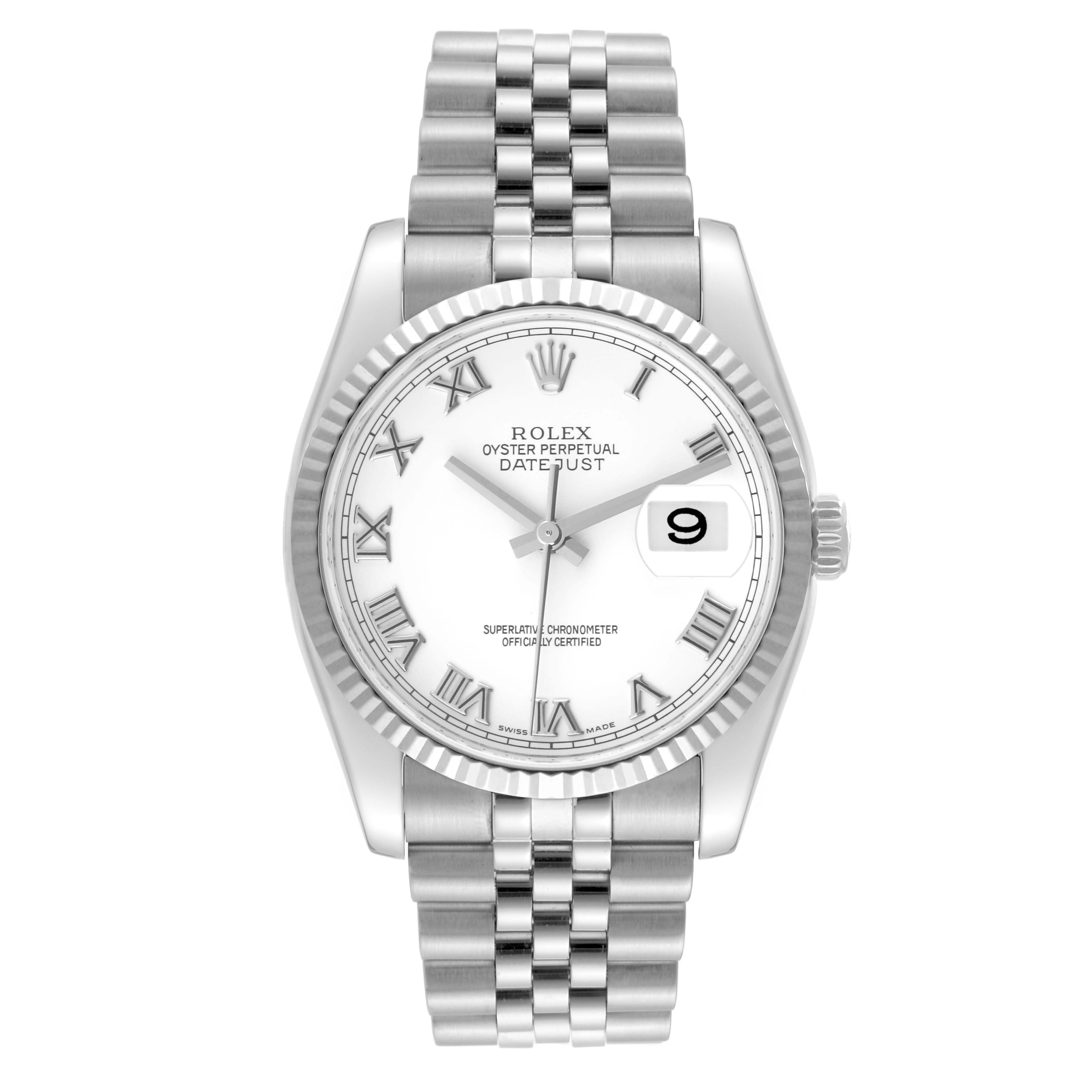 This image shows a front view of a Rolex Datejust 116234 Men's Stainless Steel White Dial 116234 Men's Stainless Steel White Dial watch, displaying its white dial, Roman numerals, and Jubilee bracelet.