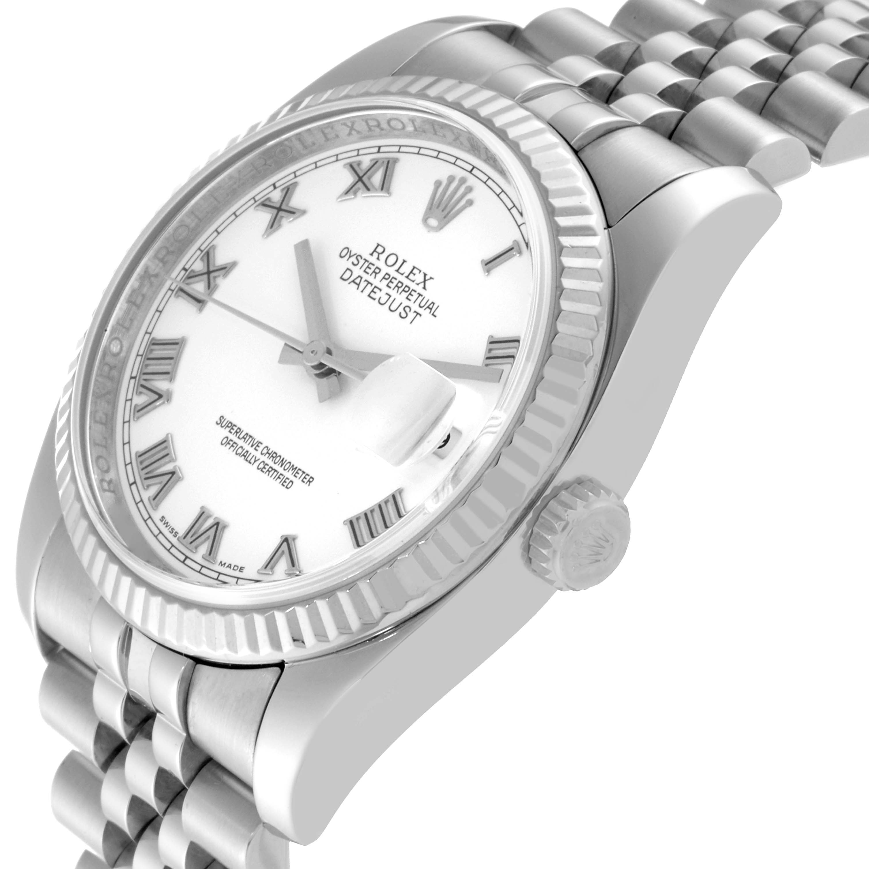 The image shows a Rolex Datejust 116234 Men's Stainless Steel White Dial 116234 Men's Stainless Steel White Dial model watch from a slightly angled top view, highlighting the face, bezel, and part of the bracelet.