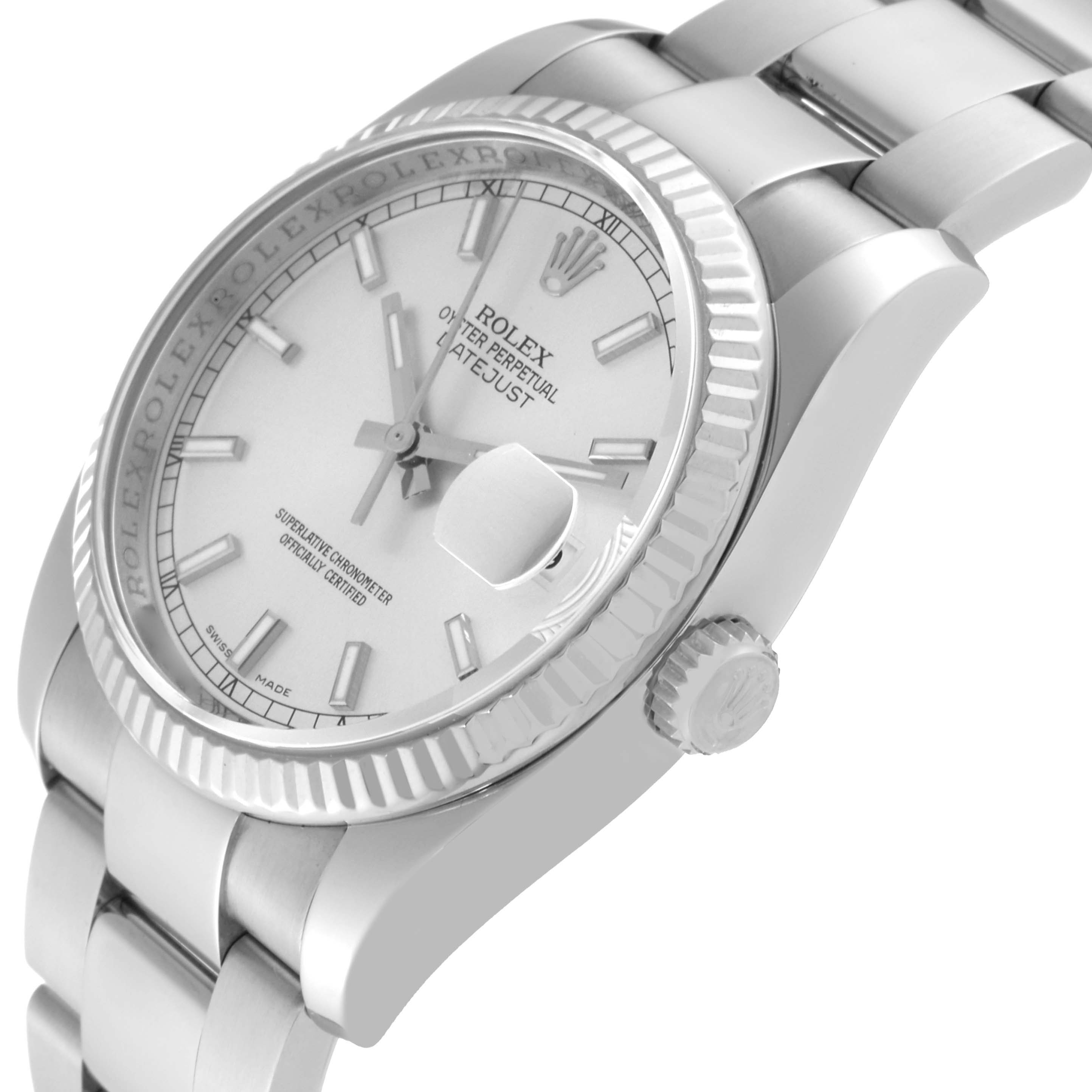 The image shows a close-up angle of a Rolex Datejust 116234 Men's Stainless Steel Silver Dial 116234 Men's Stainless Steel Silver Dial watch highlighting its face, crown, and part of the bracelet.