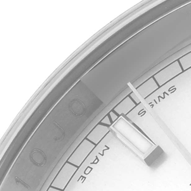 The image shows a close-up of the dial and inner bezel of a Rolex Datejust 116234 Men's Stainless Steel Silver Dial 116234 Men's Stainless Steel Silver Dial watch, highlighting the 10 o'clock marker and part of the hand.