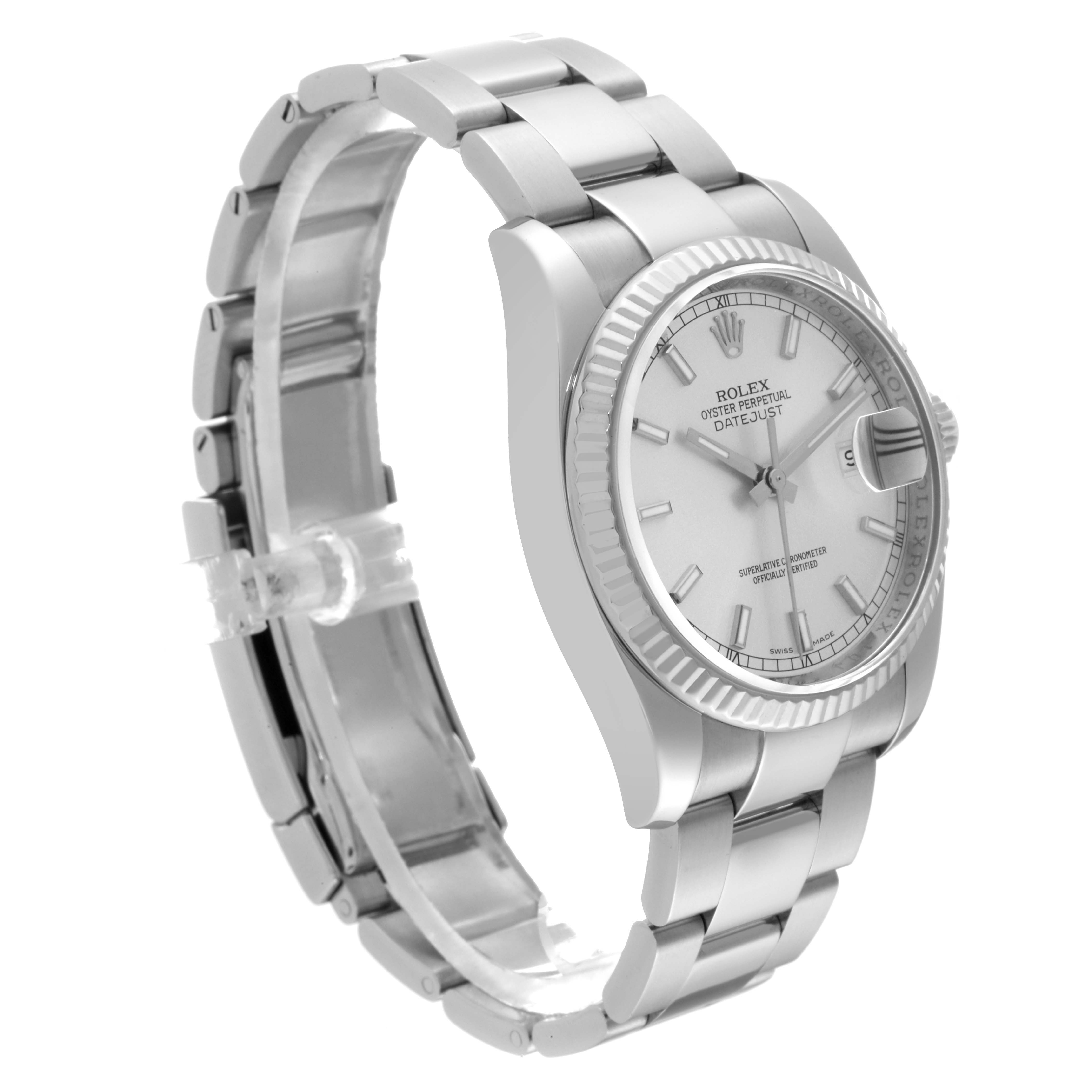 The image shows a side angle view of a Rolex Datejust 116234 Men's Stainless Steel Silver Dial 116234 Men's Stainless Steel Silver Dial watch, displaying the face, case, bezel, and part of the bracelet.