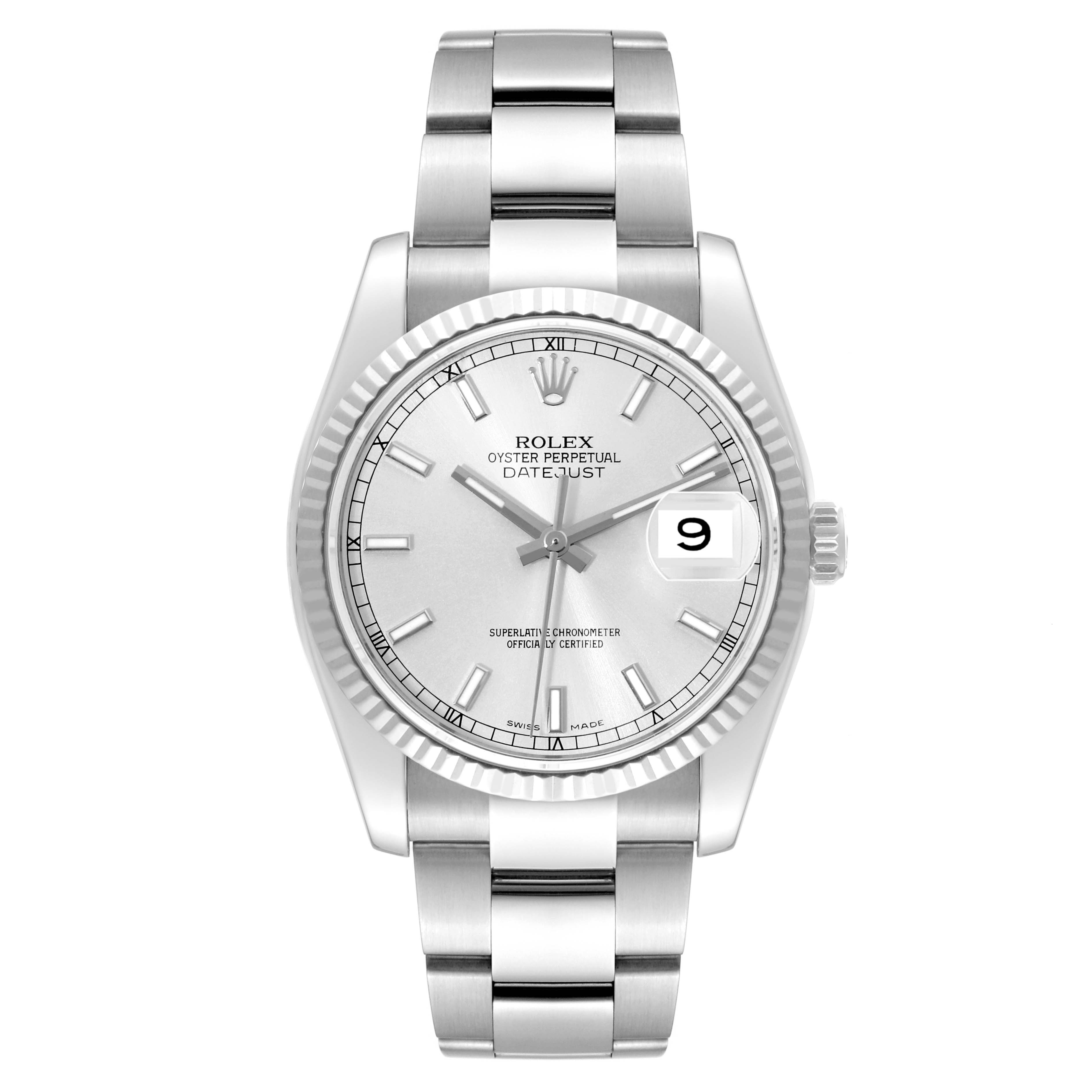 This is a front view of a Rolex Datejust 116234 Men's Stainless Steel Silver Dial 116234 Men's Stainless Steel Silver Dial watch showing its face and bracelet.