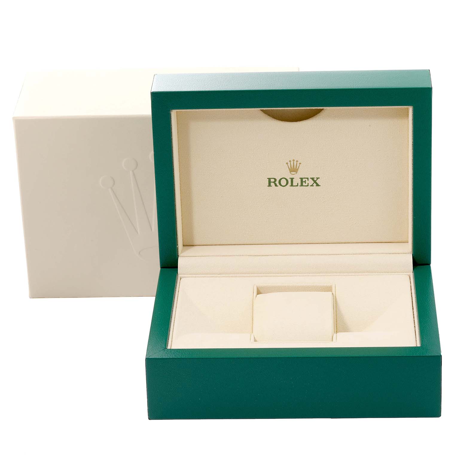 The image shows an open Rolex Datejust 116234 Men's Stainless Steel Silver Dial 116234 Men's Stainless Steel Silver Dial watch box with a green exterior and beige interior.