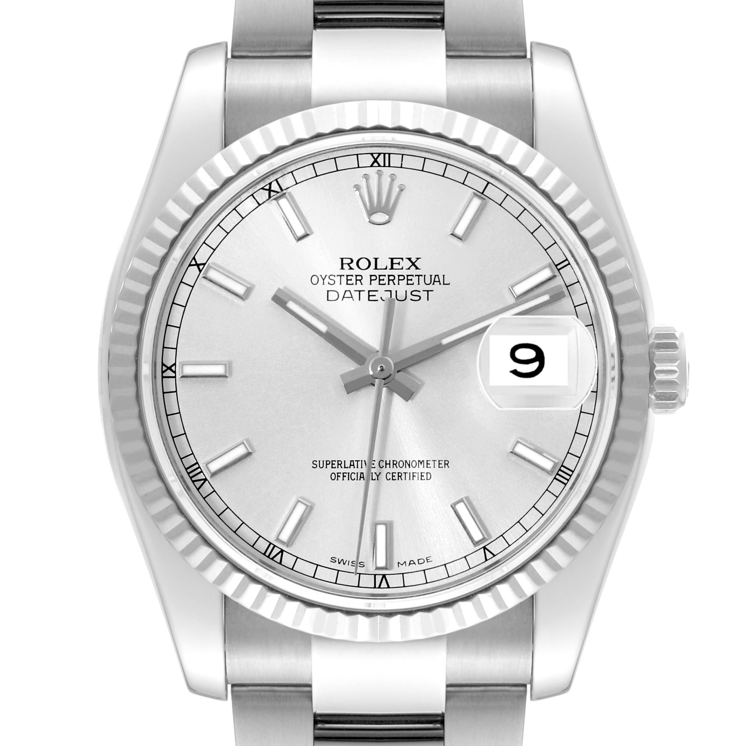 This image shows a front view of the Rolex Datejust 116234 Men's Stainless Steel Silver Dial 116234 Men's Stainless Steel Silver Dial watch, featuring the dial, hands, markers, and partial bracelet.
