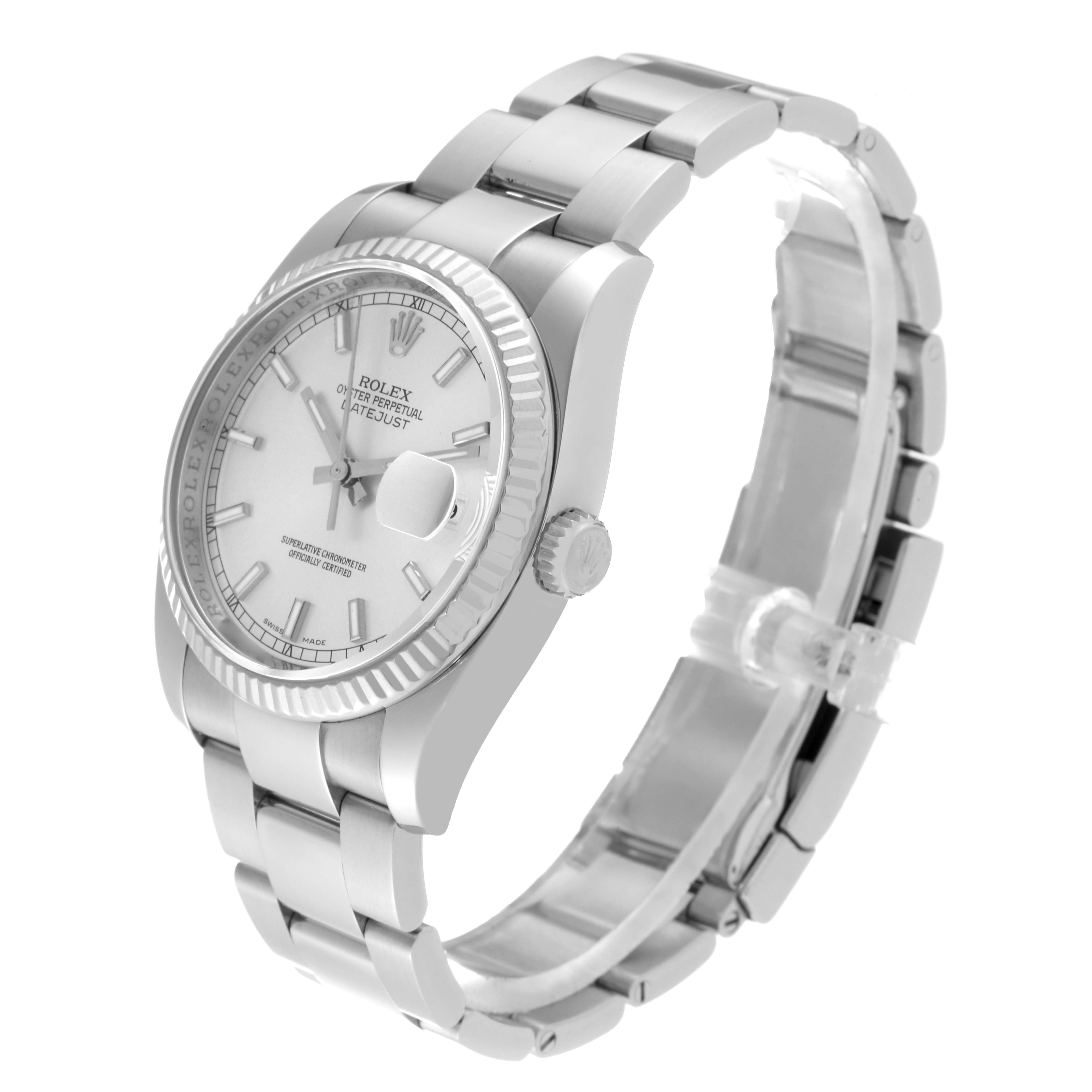 The image shows a side angle of a Rolex Datejust 116234 Men's Stainless Steel Silver Dial 116234 Men's Stainless Steel Silver Dial watch displaying the dial, bezel, crown, and bracelet.