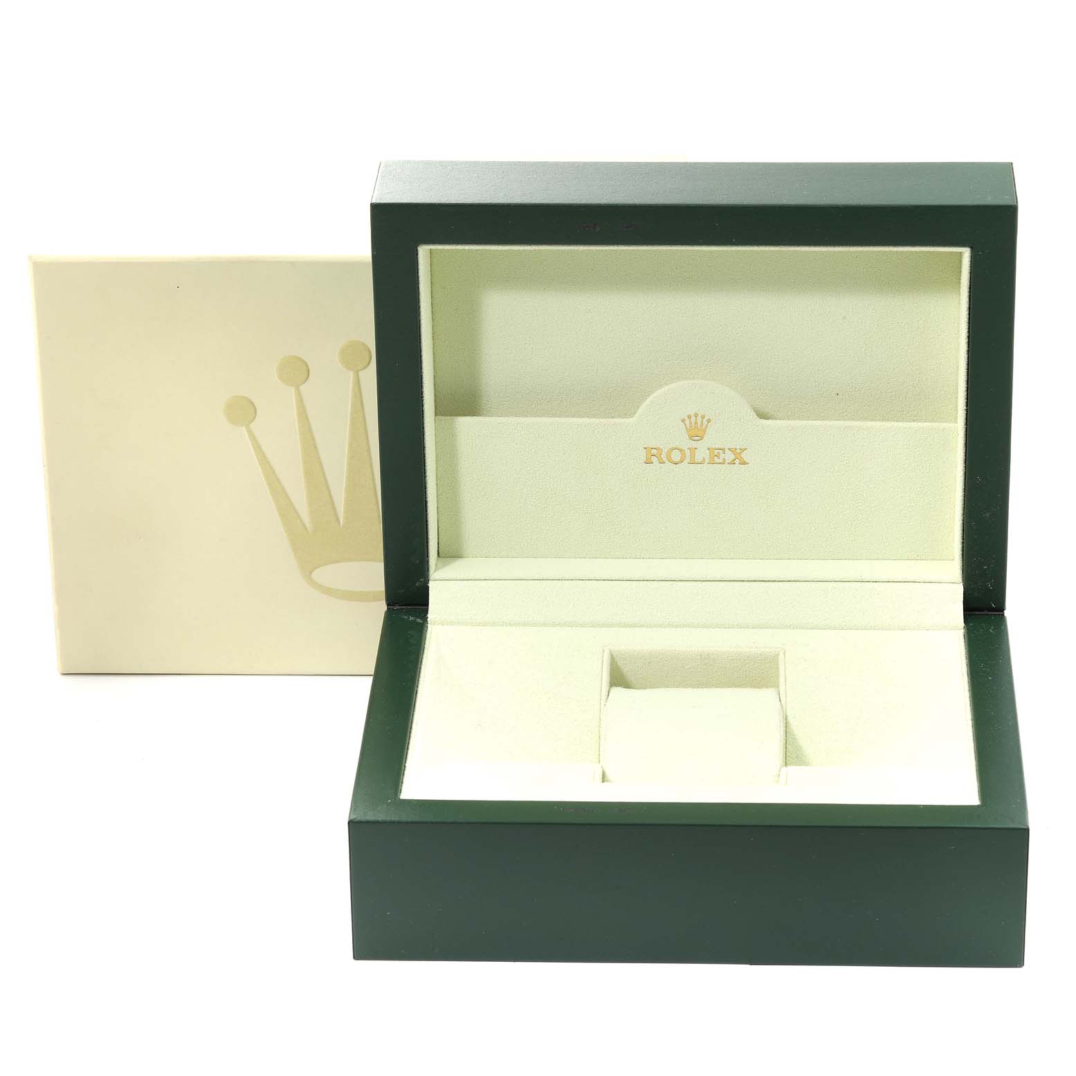 This image shows the open box and packaging for a Rolex Datejust 116234 Men's Stainless Steel Silver Dial 116234 Men's Stainless Steel Silver Dial watch, with the inner cushion and logo visible.