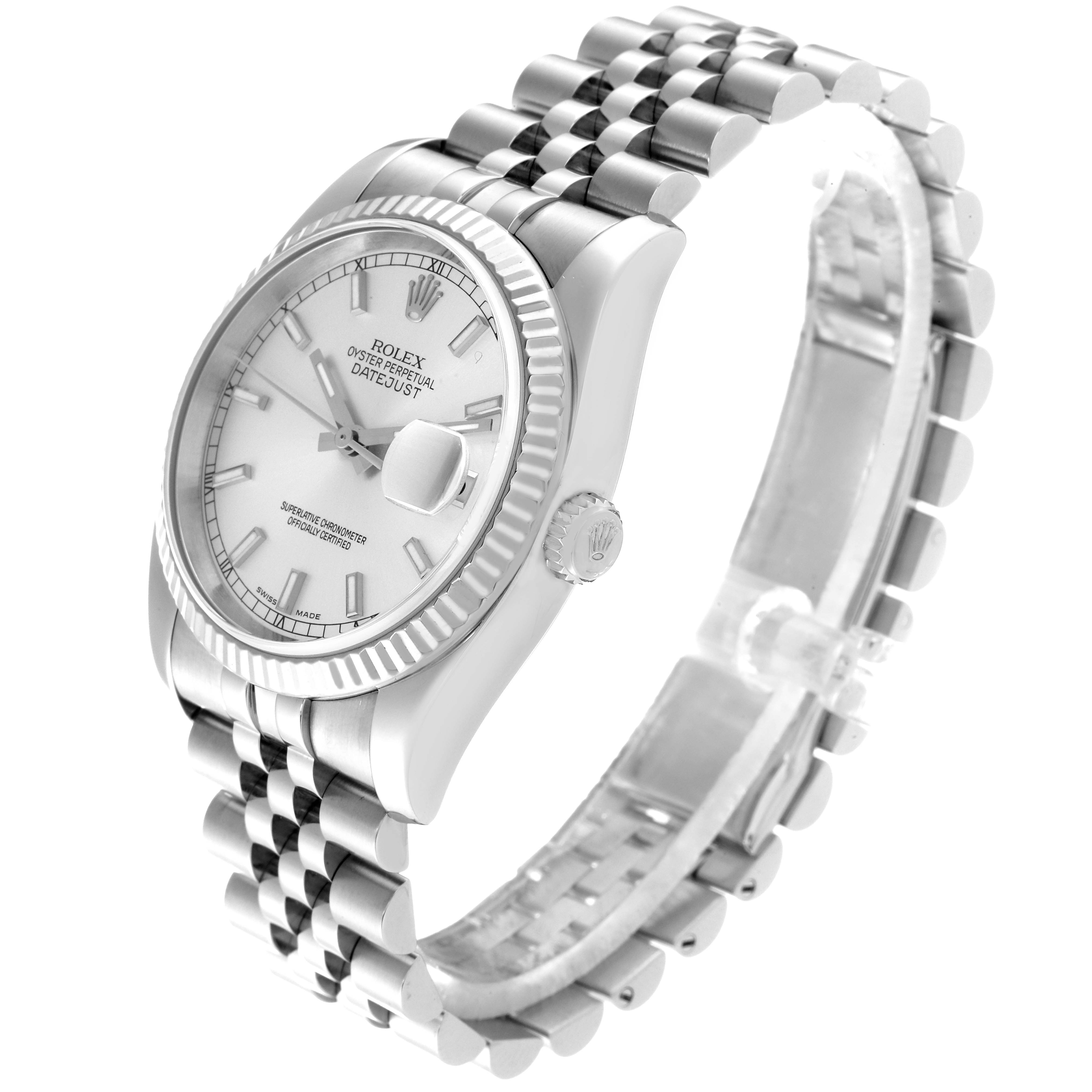 The image shows a Rolex Datejust 116234 Men's Stainless Steel Silver Dial 116234 Men's Stainless Steel Silver Dial watch at a slightly tilted side angle, highlighting the dial, fluted bezel, crown, and Jubilee bracelet.