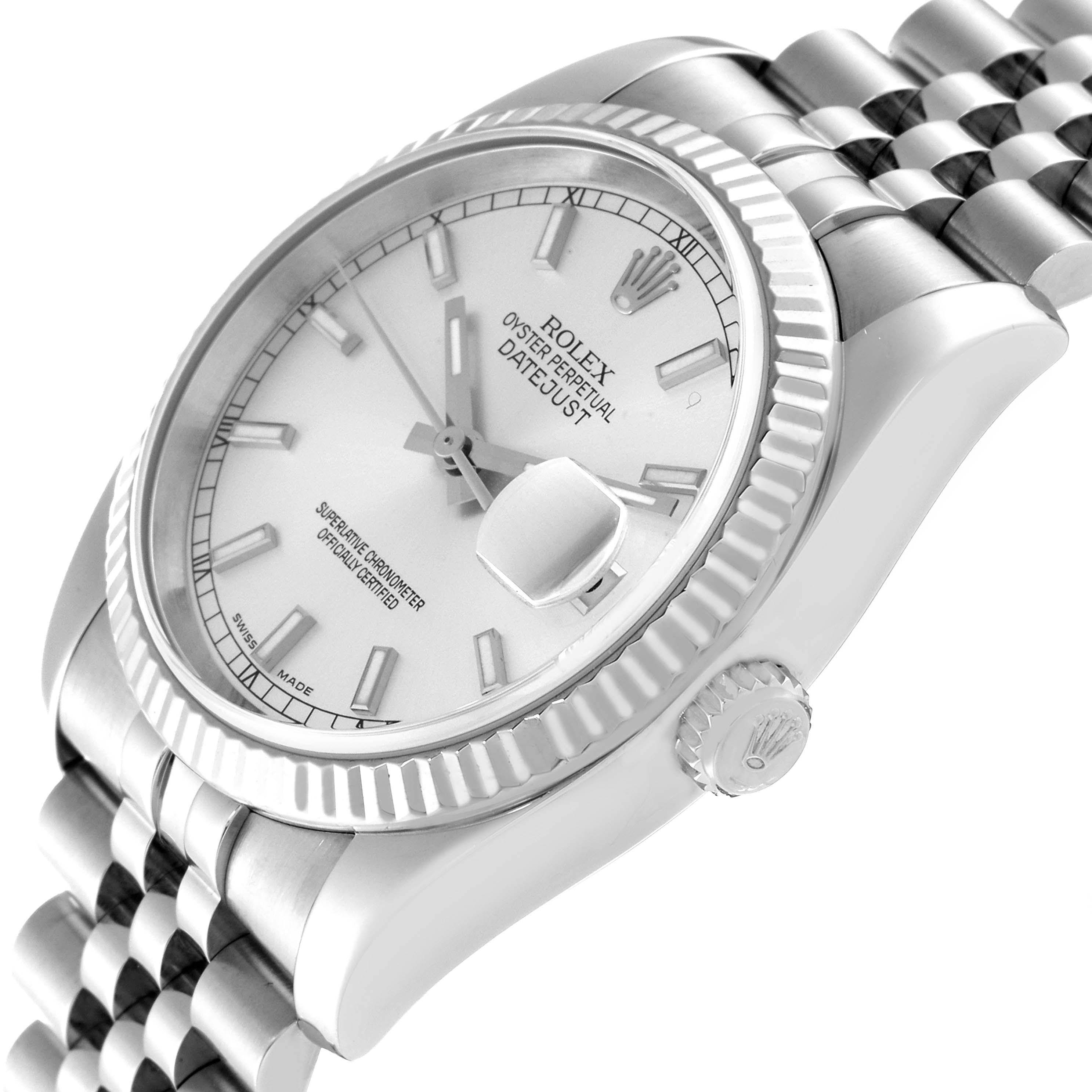This image shows a Rolex Datejust 116234 Men's Stainless Steel Silver Dial 116234 Men's Stainless Steel Silver Dial watch at an angled close-up, highlighting the dial, bezel, and part of the bracelet.