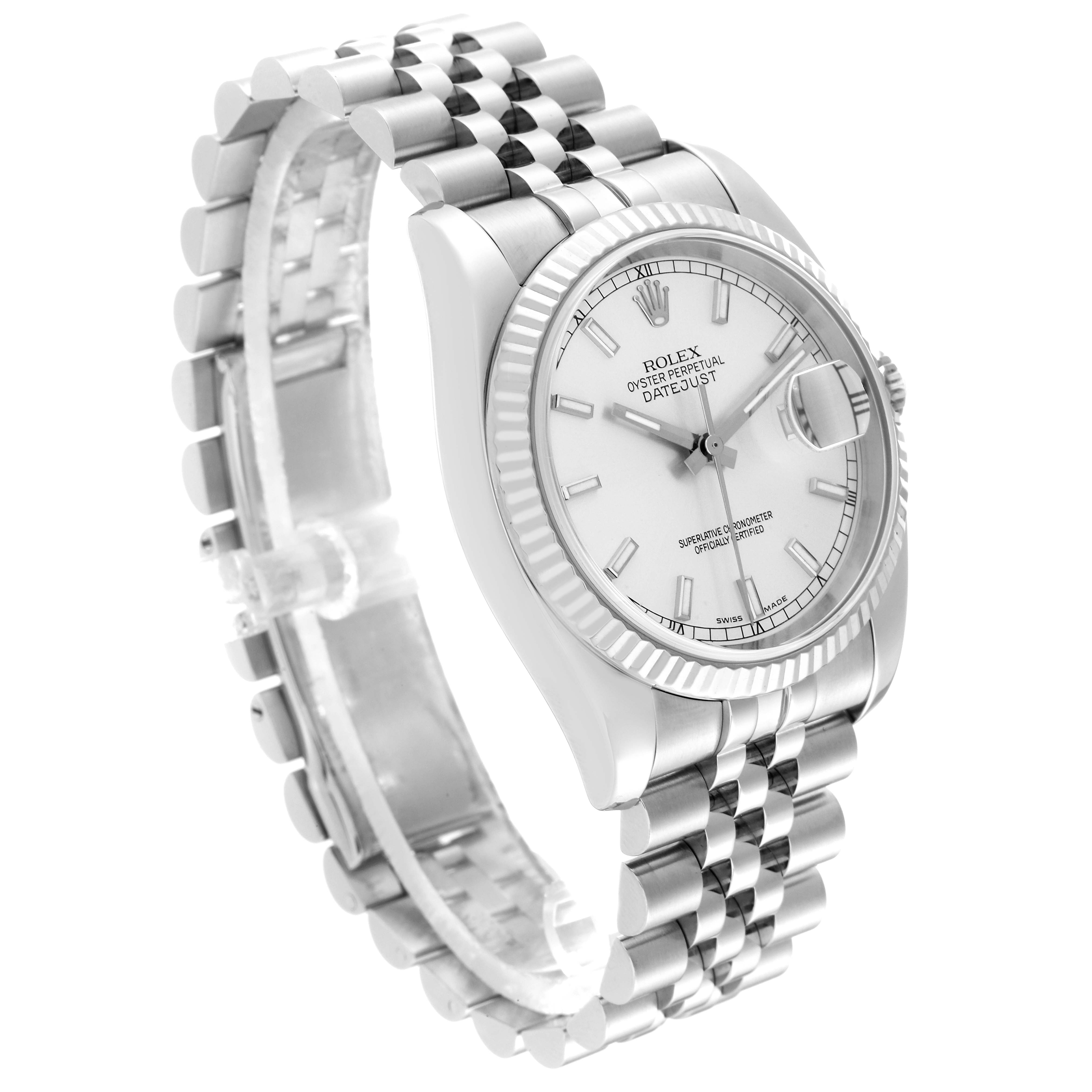 The image shows a Rolex Datejust 116234 Men's Stainless Steel Silver Dial 116234 Men's Stainless Steel Silver Dial watch, presented at an angle highlighting its face, bezel, and bracelet.
