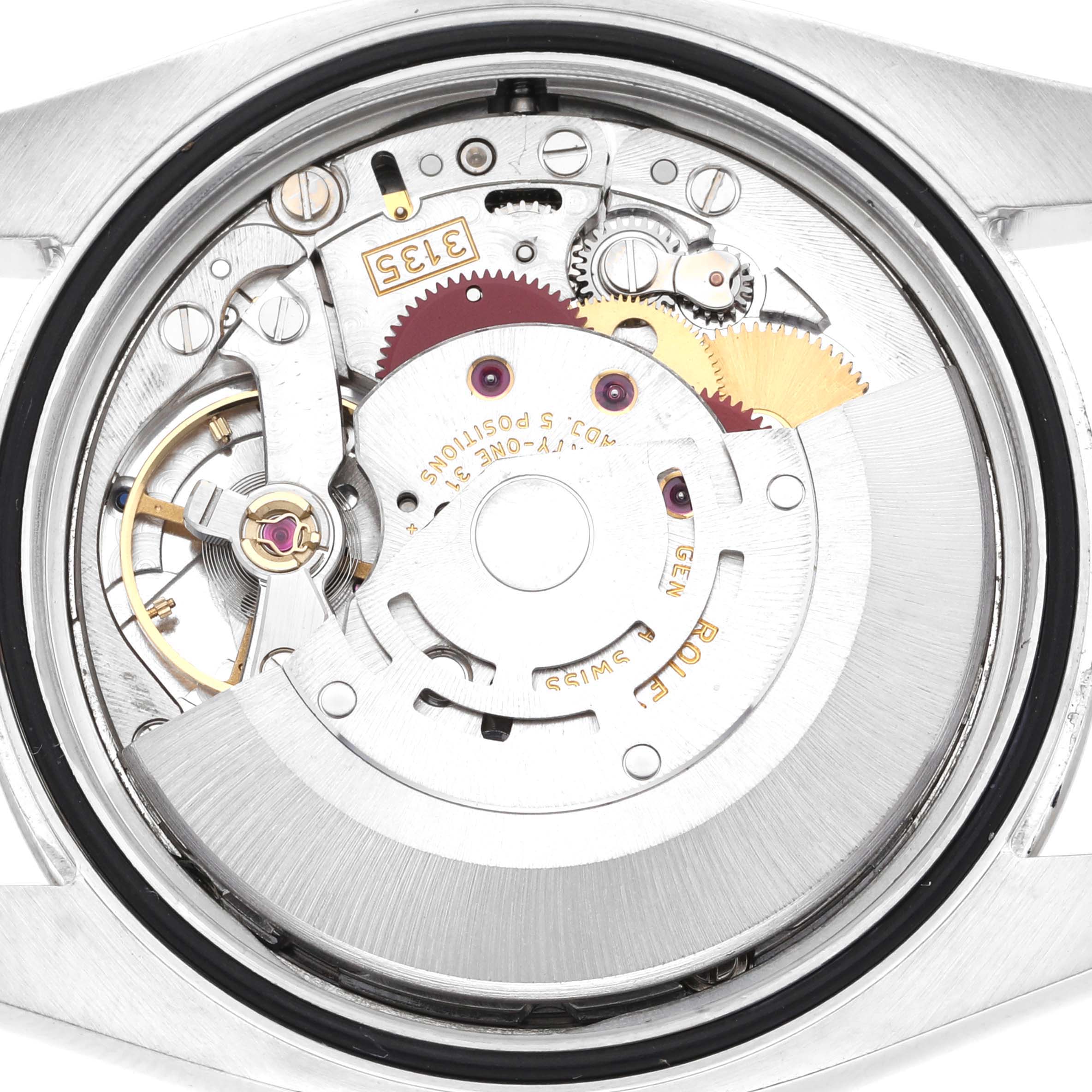The image shows the internal mechanical components of a Rolex Datejust 116234 Men's Stainless Steel Silver Dial 116234 Men's Stainless Steel Silver Dial watch viewed from the back.