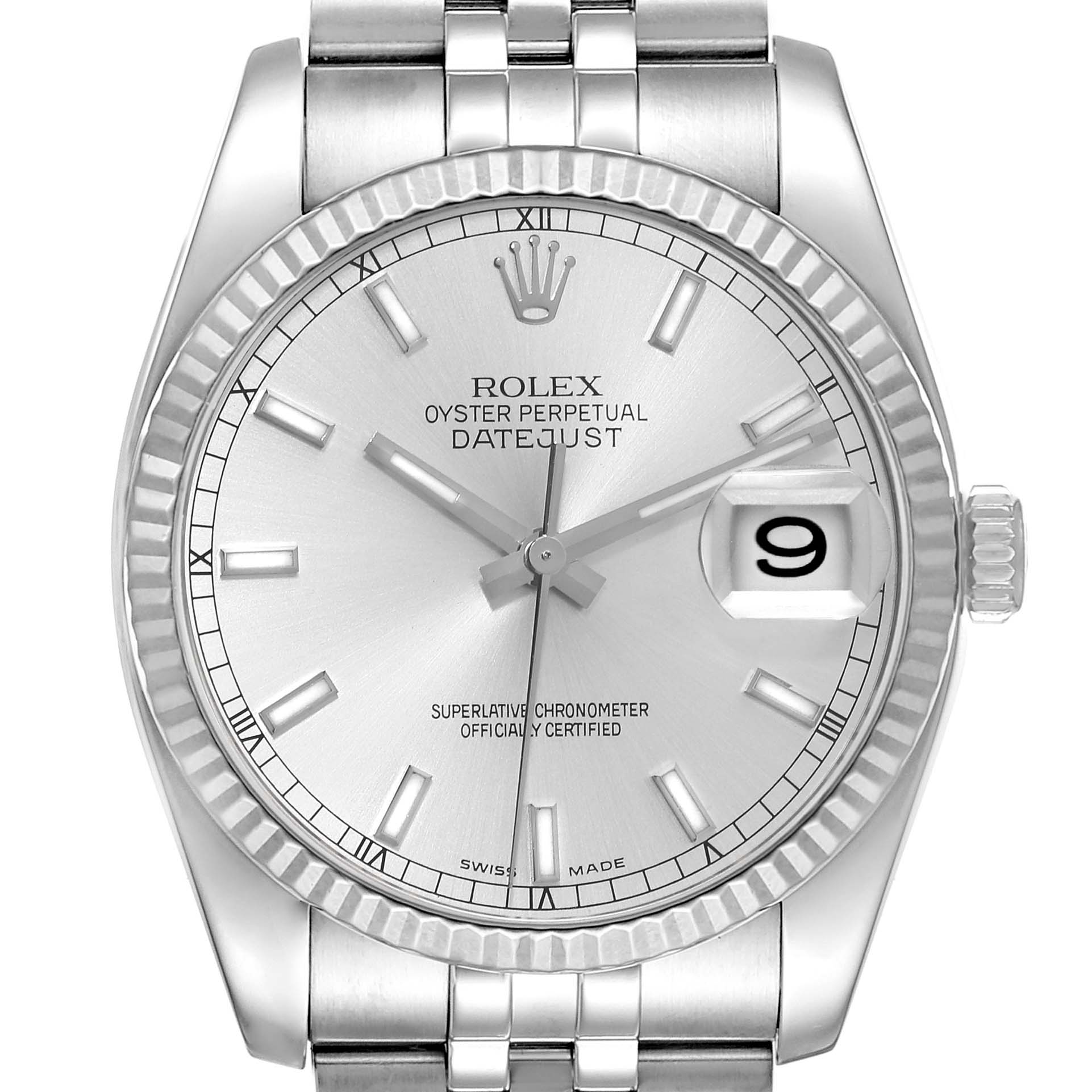 The image shows a close-up of the dial and bezel of a Rolex Datejust 116234 Men's Stainless Steel Silver Dial 116234 Men's Stainless Steel Silver Dial watch, including the cyclops date window and part of the bracelet.