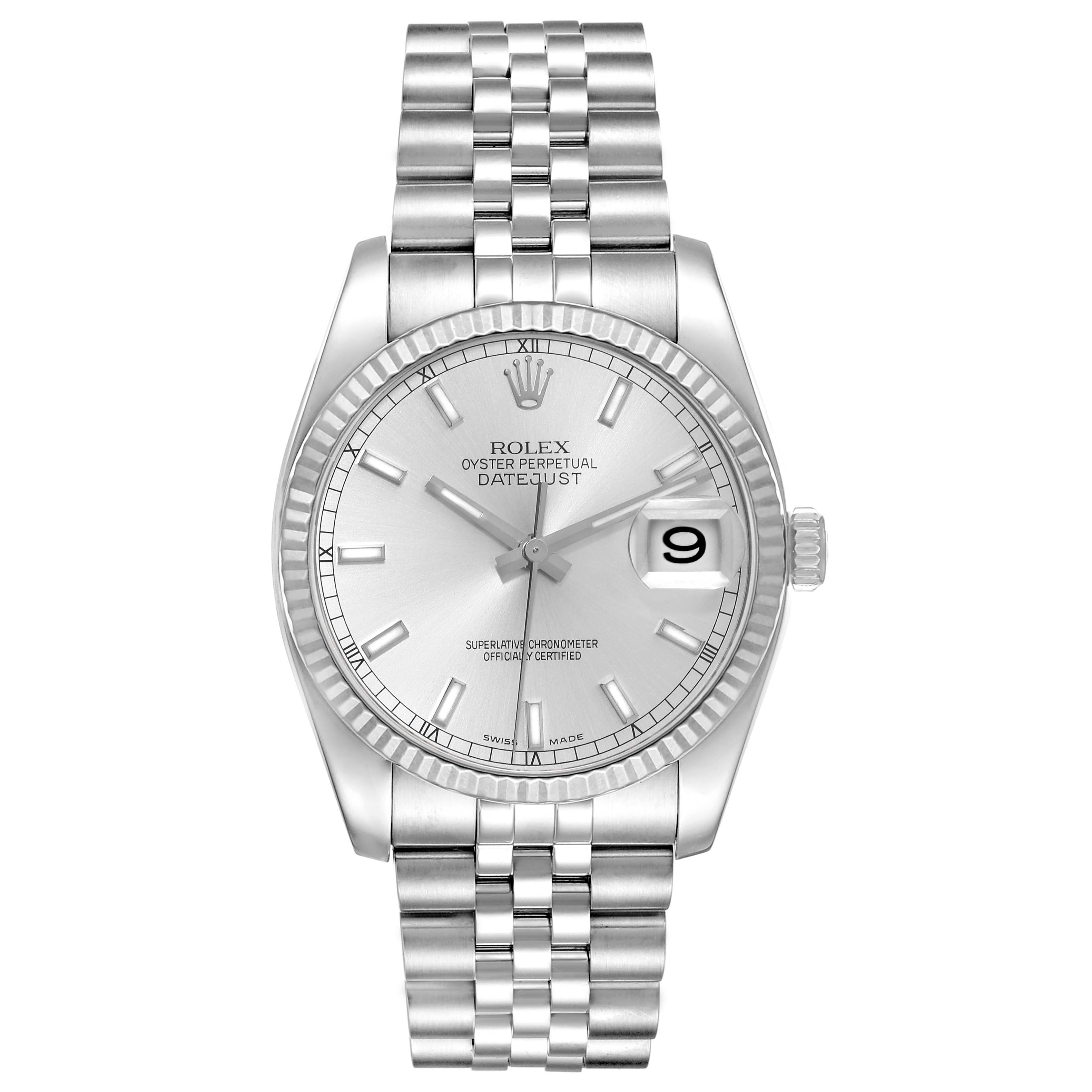 The image shows a front view of a Rolex Datejust 116234 Men's Stainless Steel Silver Dial 116234 Men's Stainless Steel Silver Dial watch, highlighting the dial, hour markers, date window, and bracelet.