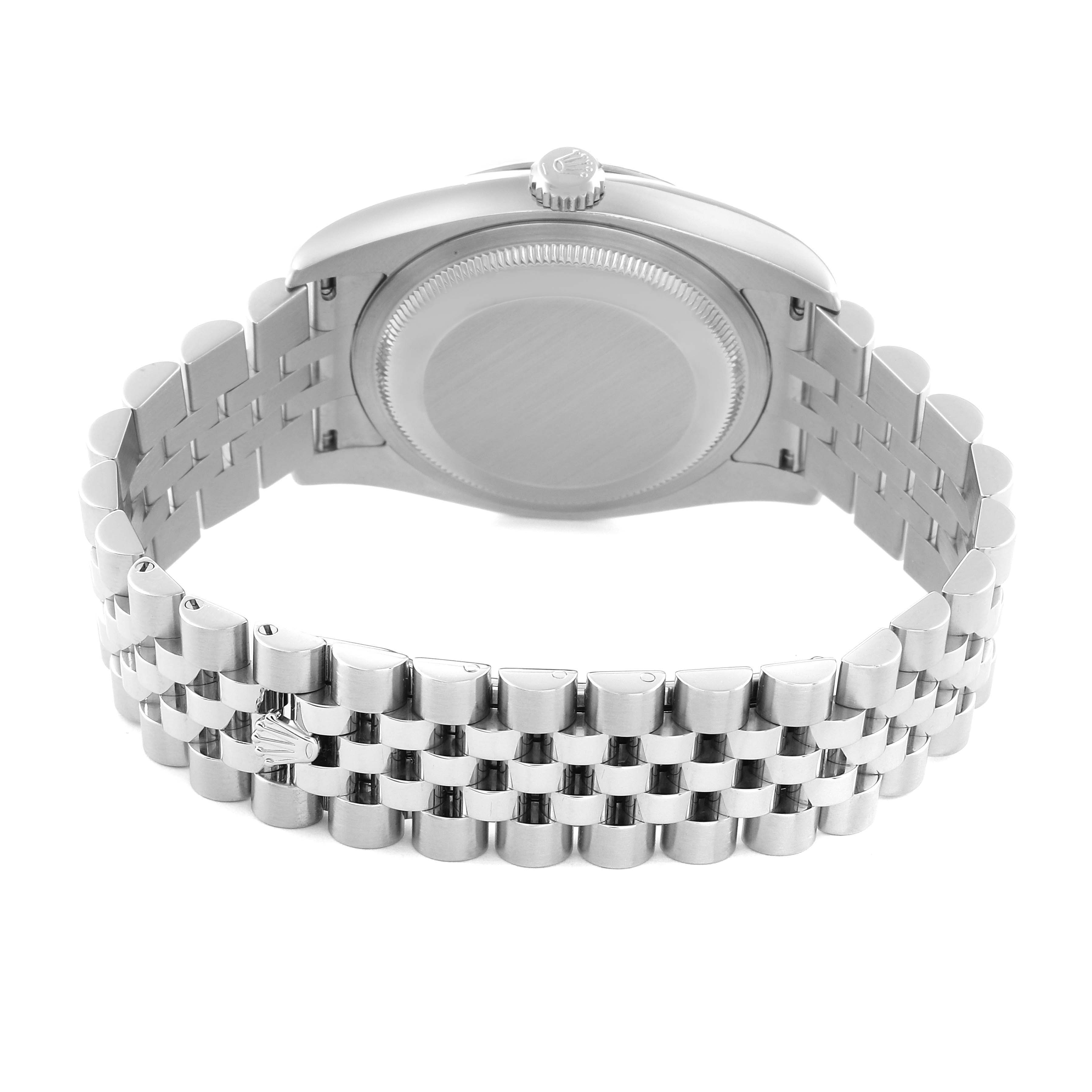 This image shows the back case and Jubilee bracelet of a Rolex Datejust 116234 Men's Stainless Steel Silver Dial 116234 Men's Stainless Steel Silver Dial watch, viewed from the rear.