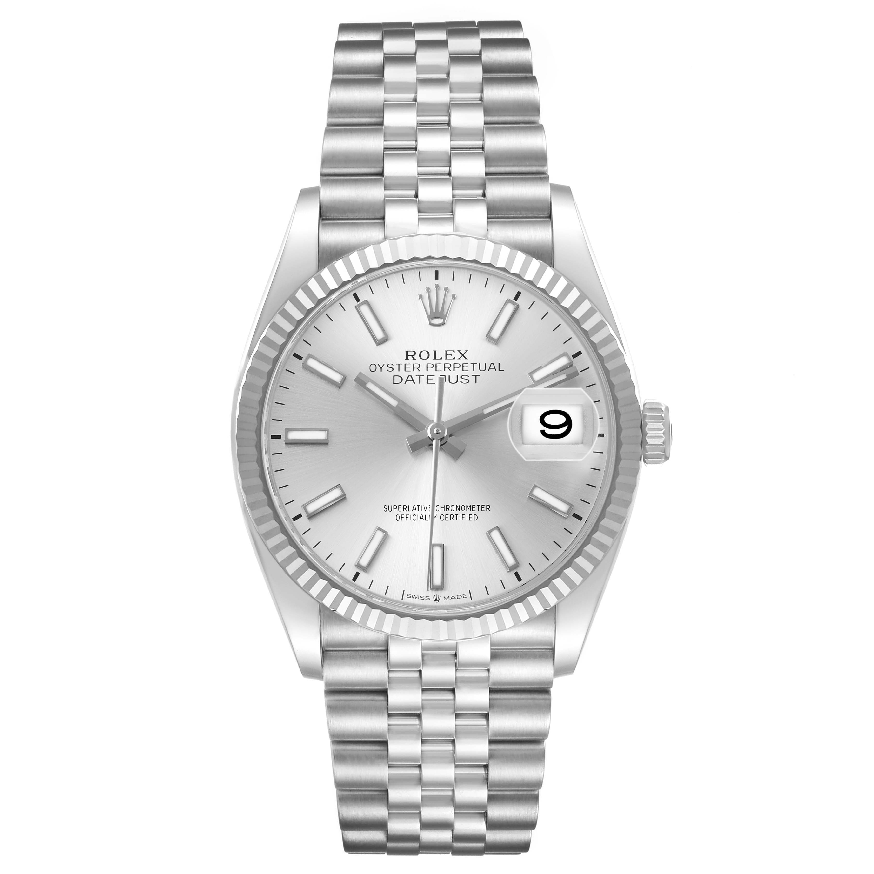 The Rolex Datejust 126234 Men's Stainless Steel Silver Dial watch is shown from the front, highlighting the dial, bracelet, and fluted bezel.