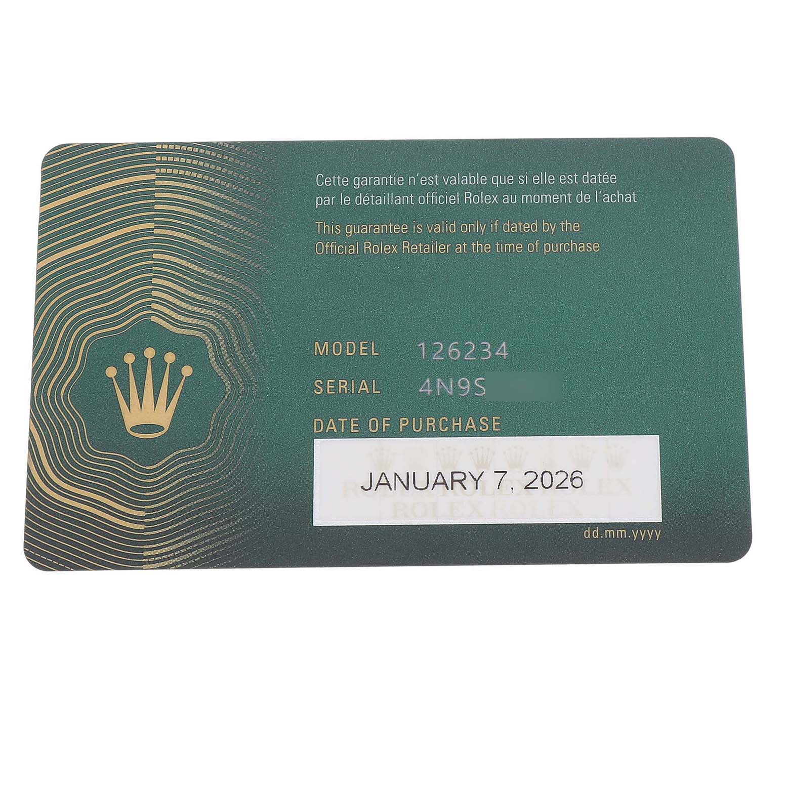 The image shows a Rolex Datejust 126234 Men's Stainless Steel Silver Dial warranty card with model number, serial number, and purchase date details.