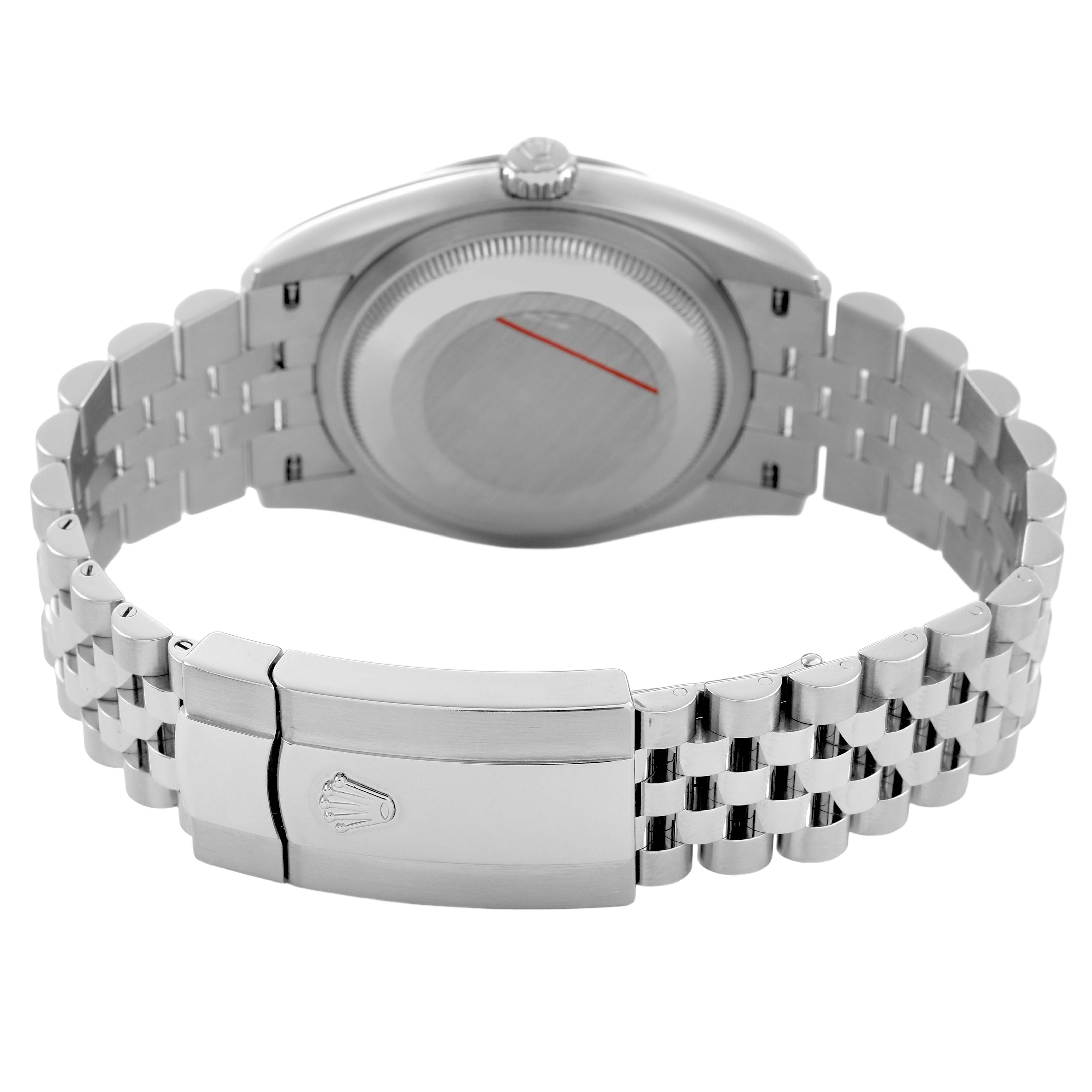 The image shows the back and bracelet clasp of a Rolex Datejust 126234 Men's Stainless Steel Silver Dial, highlighting its Jubilee bracelet and case back.