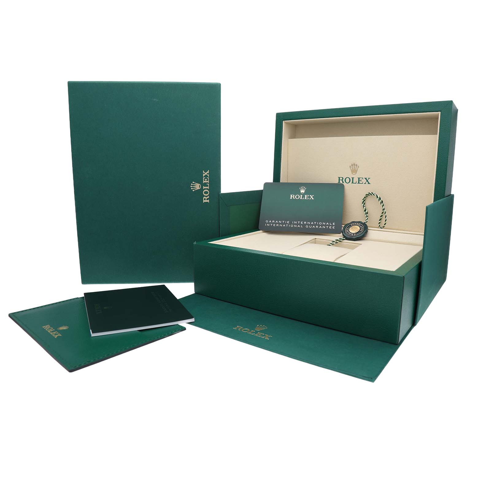 The image shows a Rolex Datejust 126234 Men's Stainless Steel Silver Dial packaging set with box, warranty card, and booklet, viewed from the front.