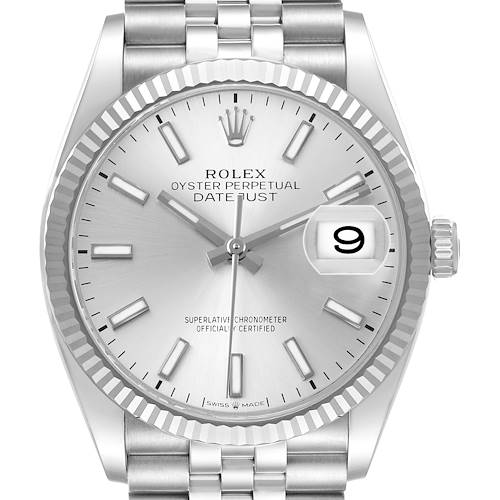 The Rolex Datejust 126234 Men's Stainless Steel Silver Dial watch is shown from the front, highlighting the dial, bezel, and part of the bracelet.