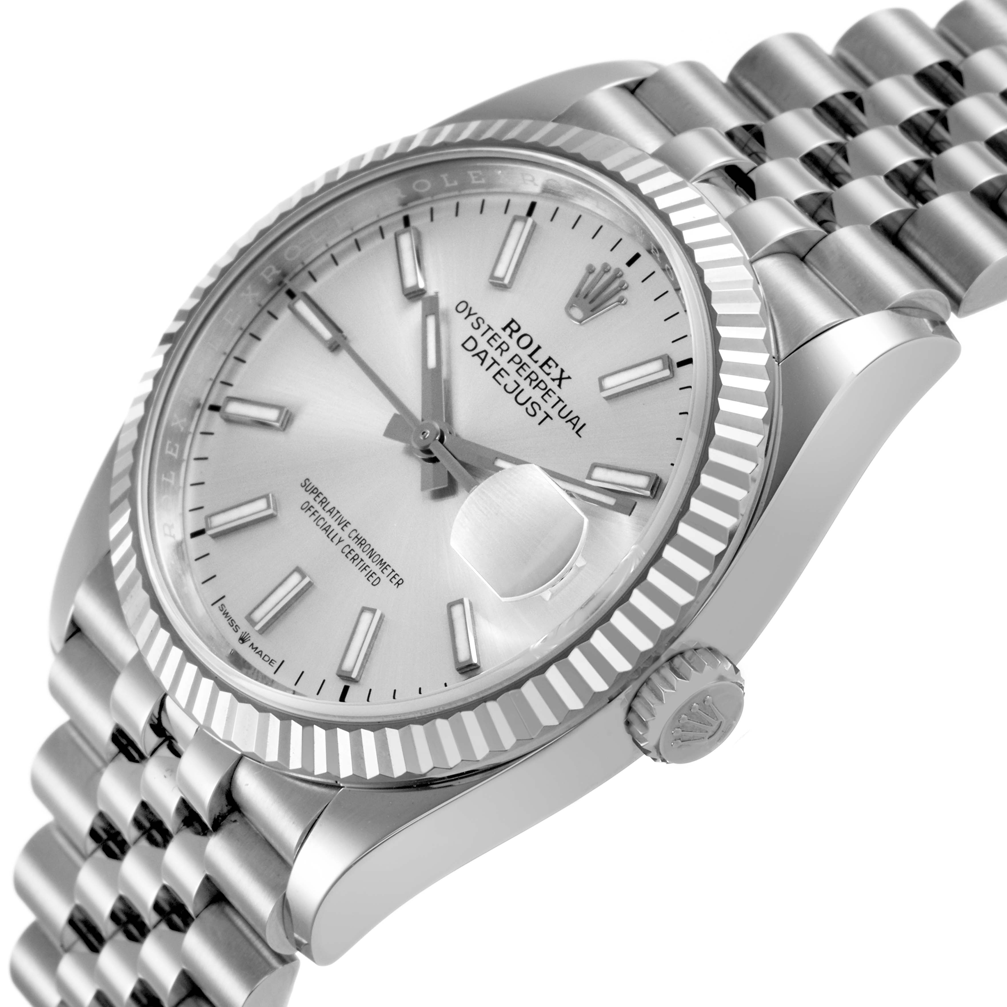 The Rolex Datejust 126234 Men's Stainless Steel Silver Dial watch is shown at an angled side view, highlighting the dial, bezel, crown, and part of the bracelet.