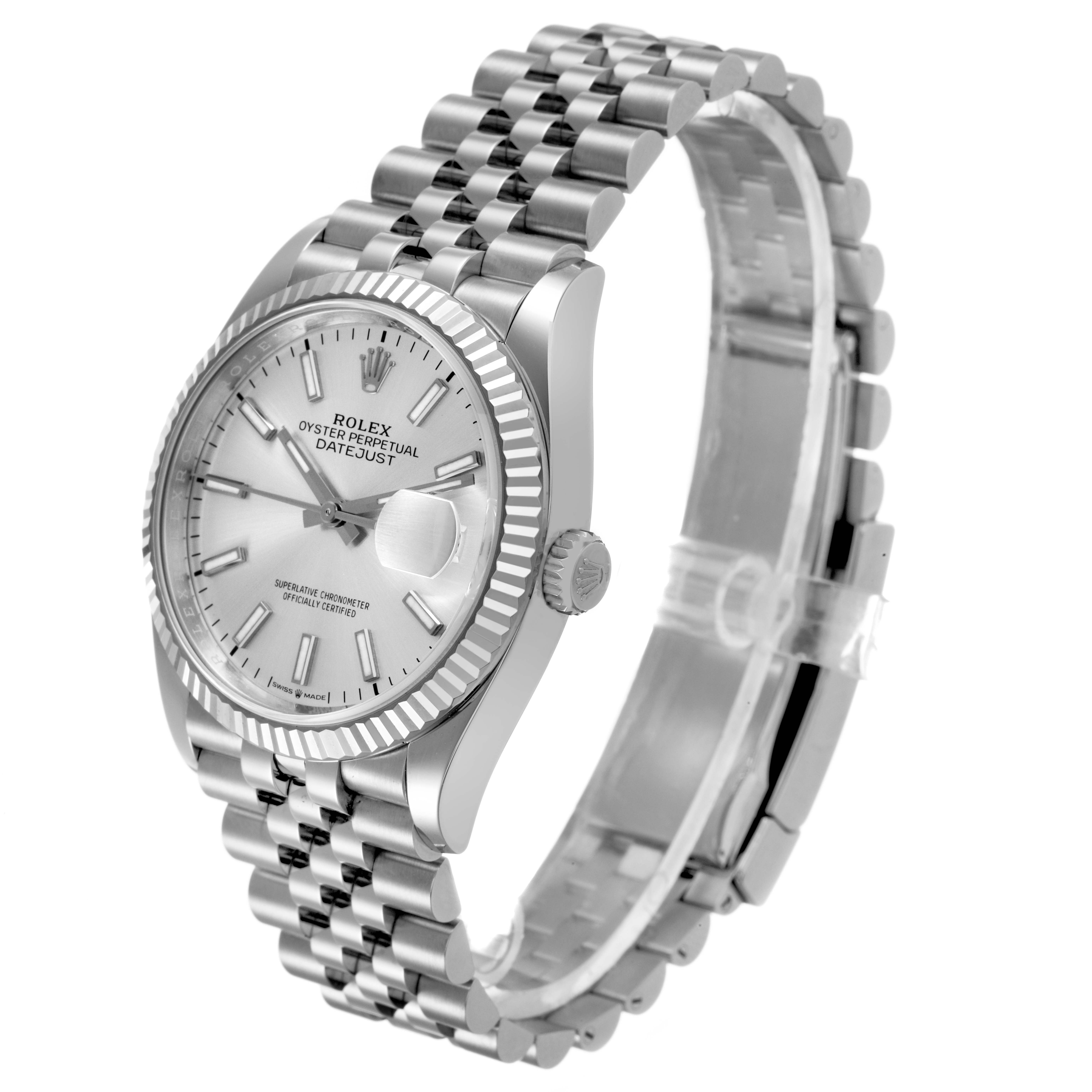 The Rolex Datejust 126234 Men's Stainless Steel Silver Dial watch is shown at an angled side view, highlighting the face, bezel, and Jubilee bracelet.