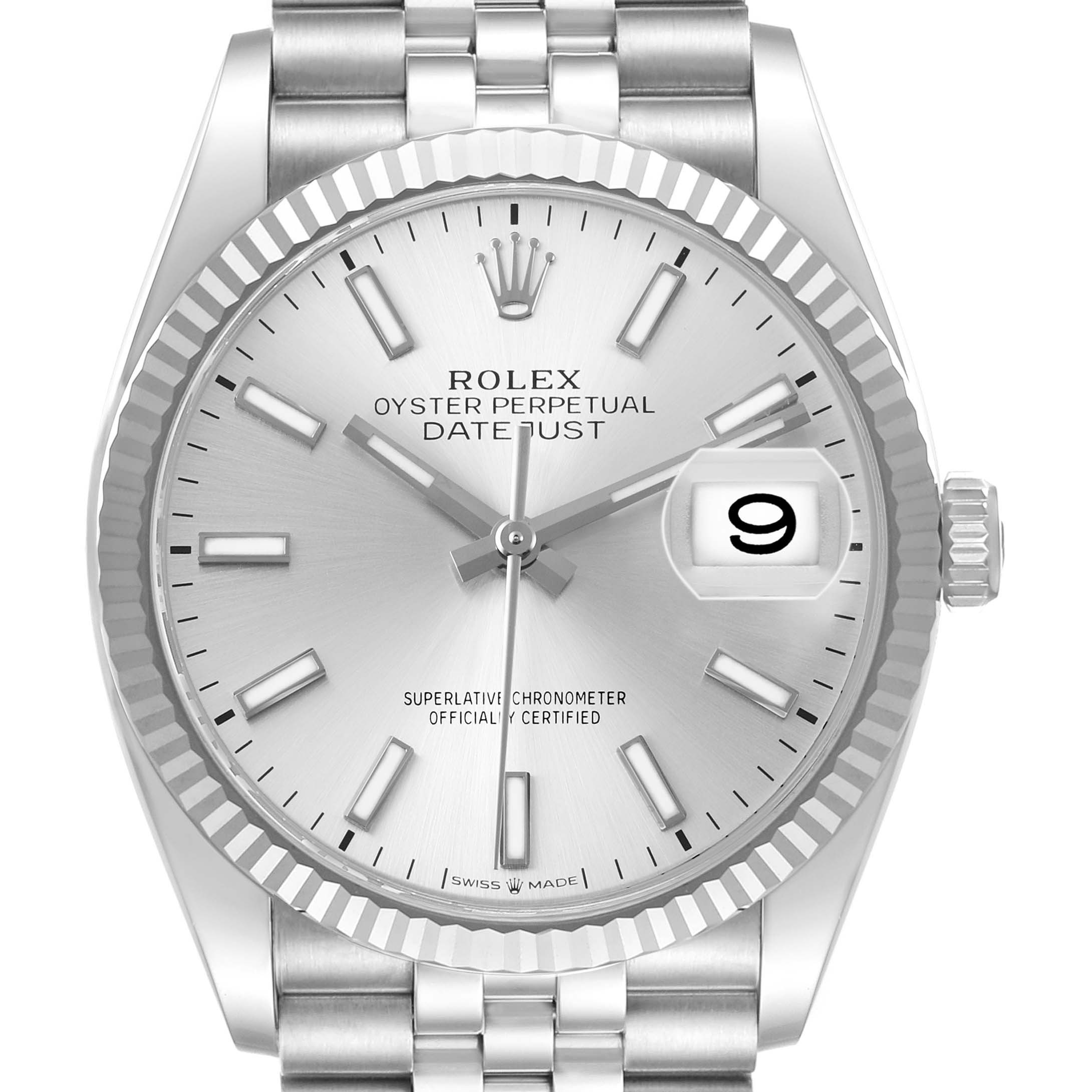 The Rolex Datejust 126234 Men's Stainless Steel Silver Dial watch is shown from the front, displaying the dial, hands, bezel, date window, and a portion of the bracelet.