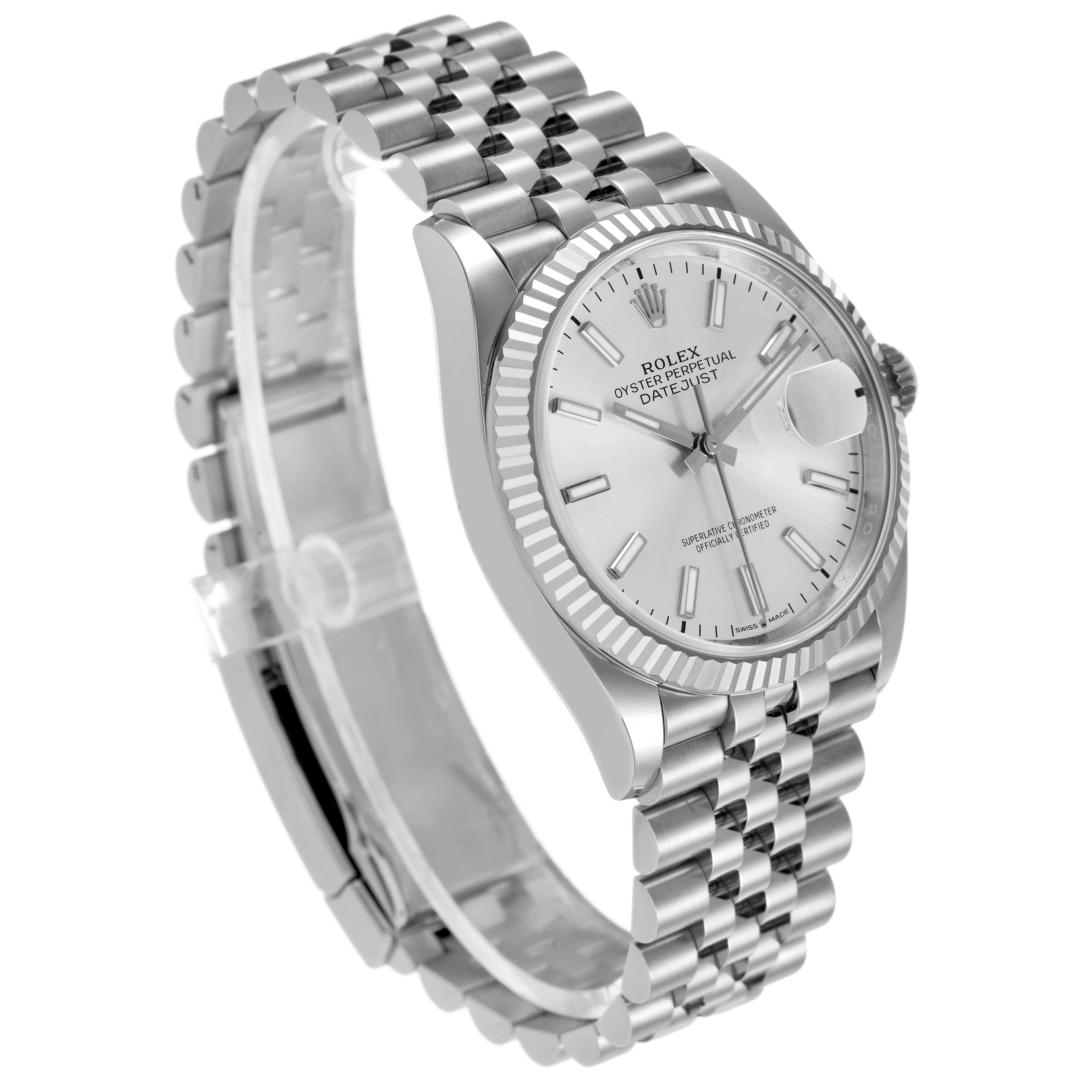 The Rolex Datejust 126234 Men's Stainless Steel Silver Dial watch is shown at a three-quarter angle, highlighting the bracelet, case, and fluted bezel.