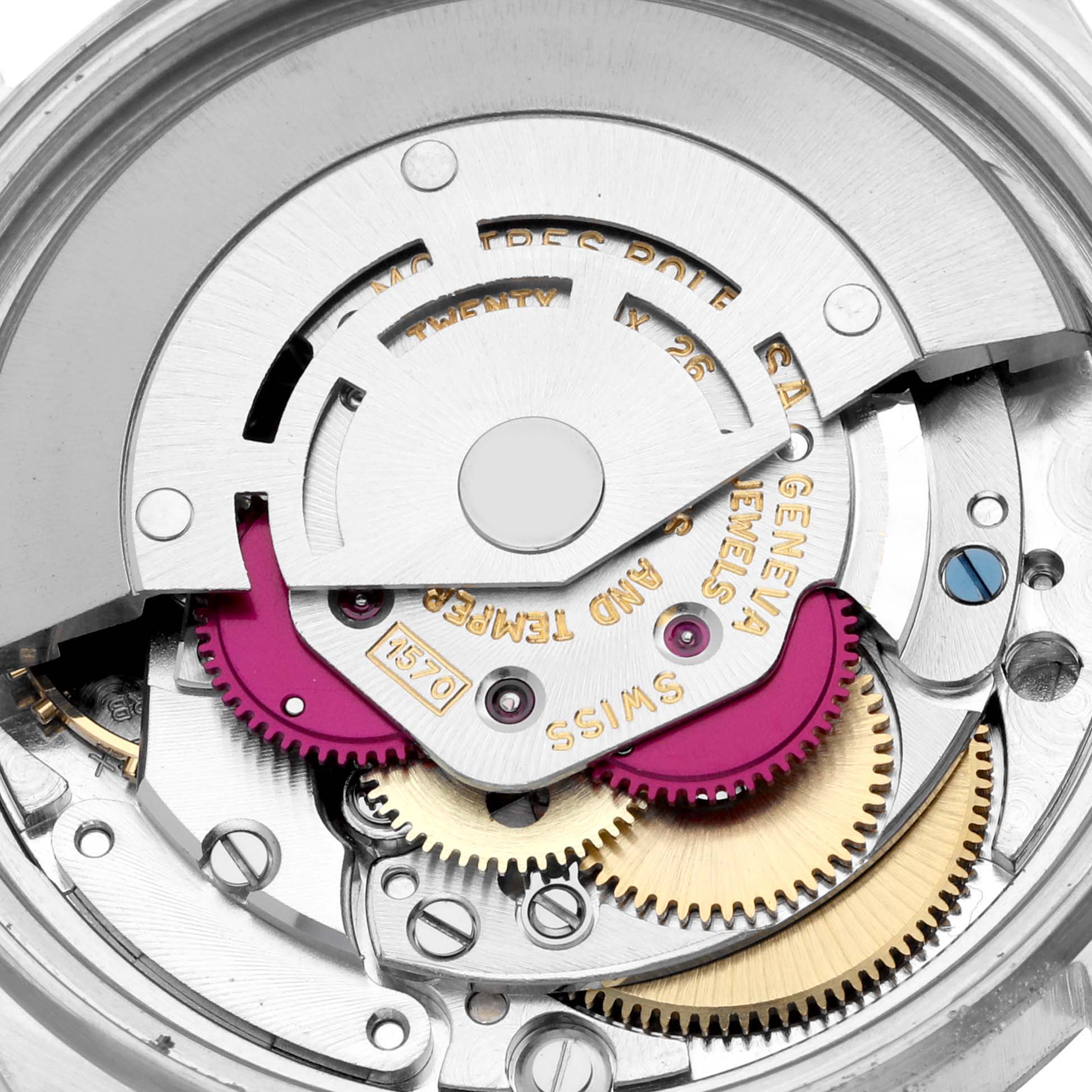 The image shows an internal view of the Rolex Datejust 1601 Men's Stainless Steel Silver Dial 1601 Men's Stainless Steel Silver Dial watch, specifically the movement mechanism including gears, screws, and engravings.