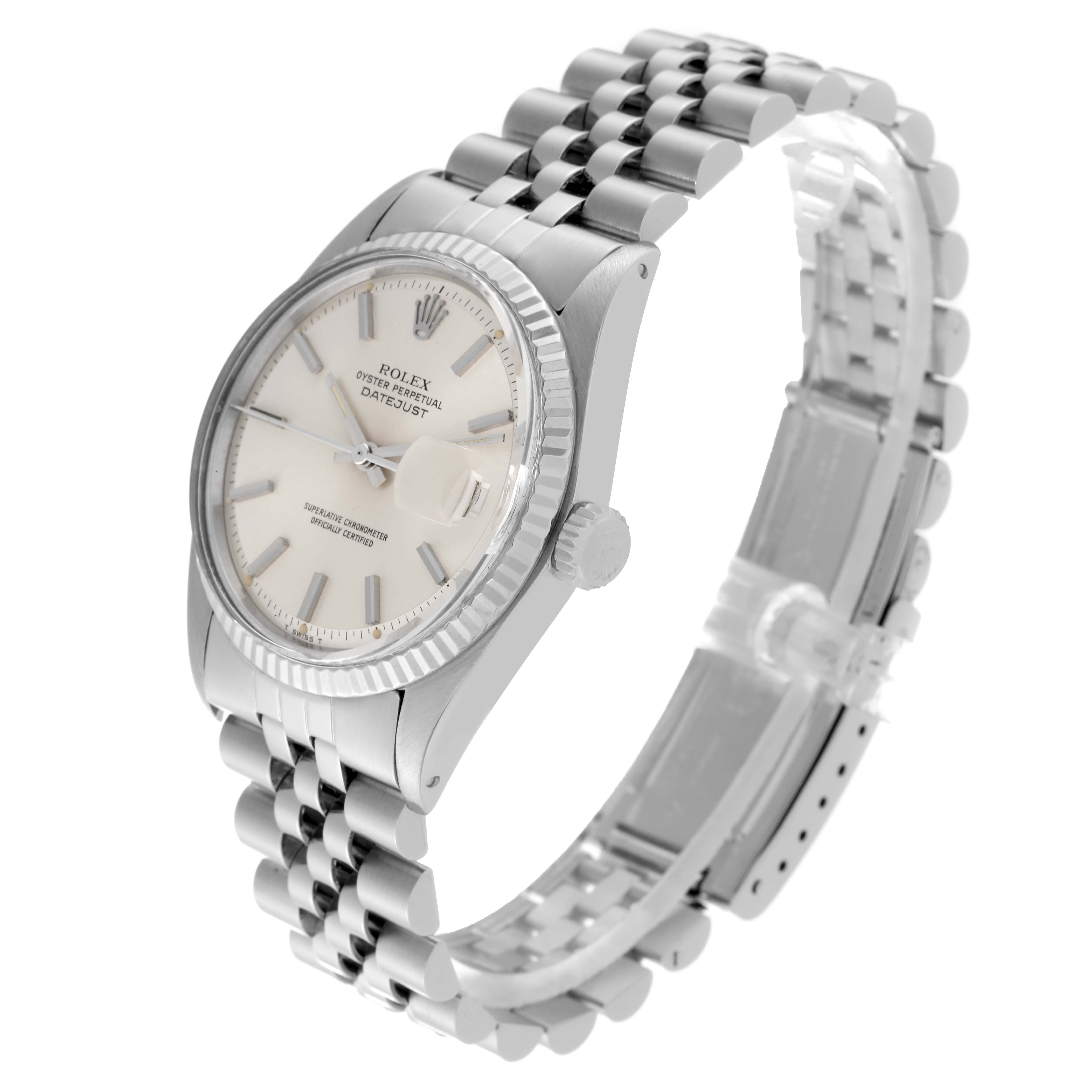 The Rolex Datejust 1601 Men's Stainless Steel Silver Dial 1601 Men's Stainless Steel Silver Dial watch is shown at a slight side angle, highlighting its silver dial, fluted bezel, crown, and Jubilee bracelet.