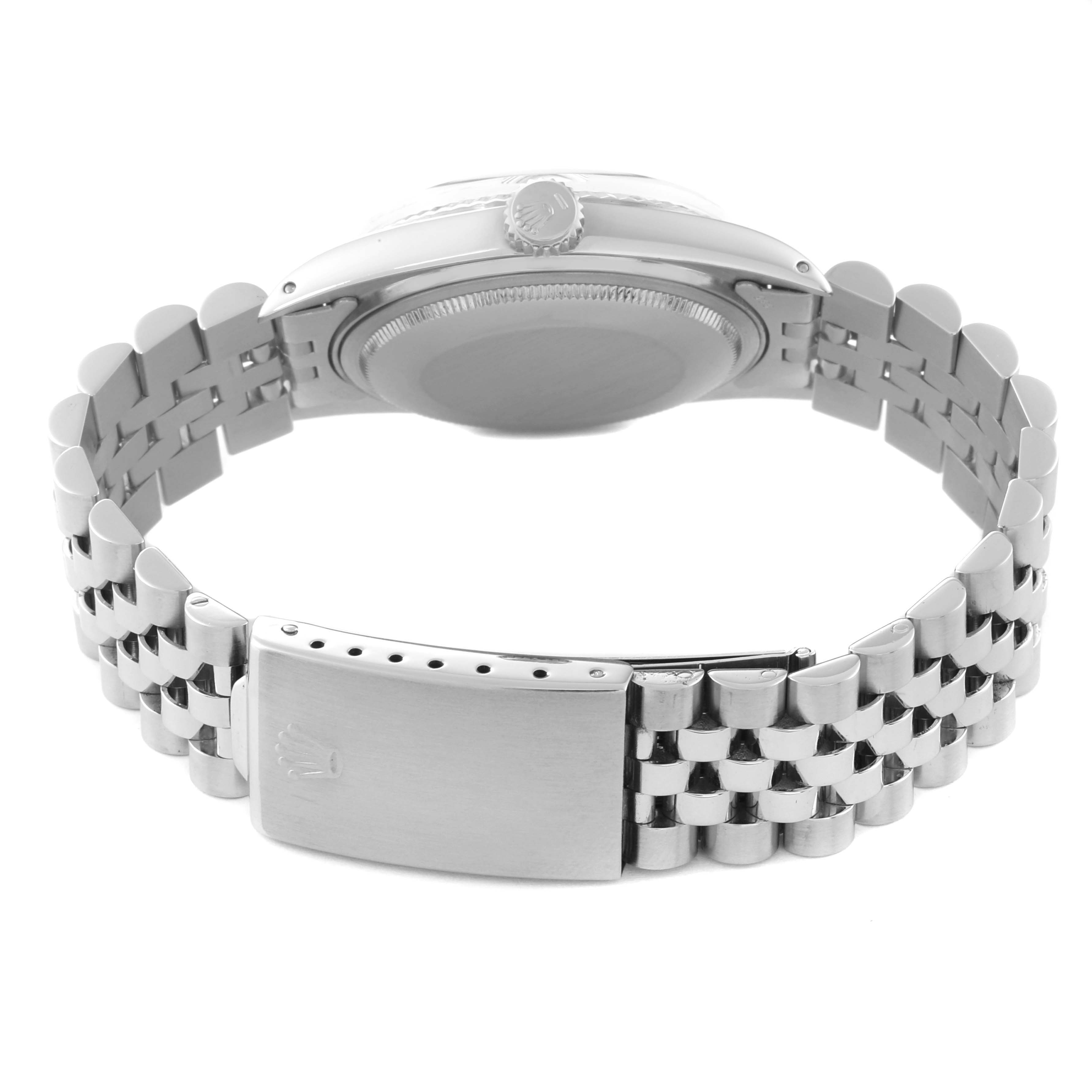 The image shows the back of a Rolex Datejust 1601 Men's Stainless Steel Silver Dial 1601 Men's Stainless Steel Silver Dial watch, including the case back and the bracelet with a clasp.