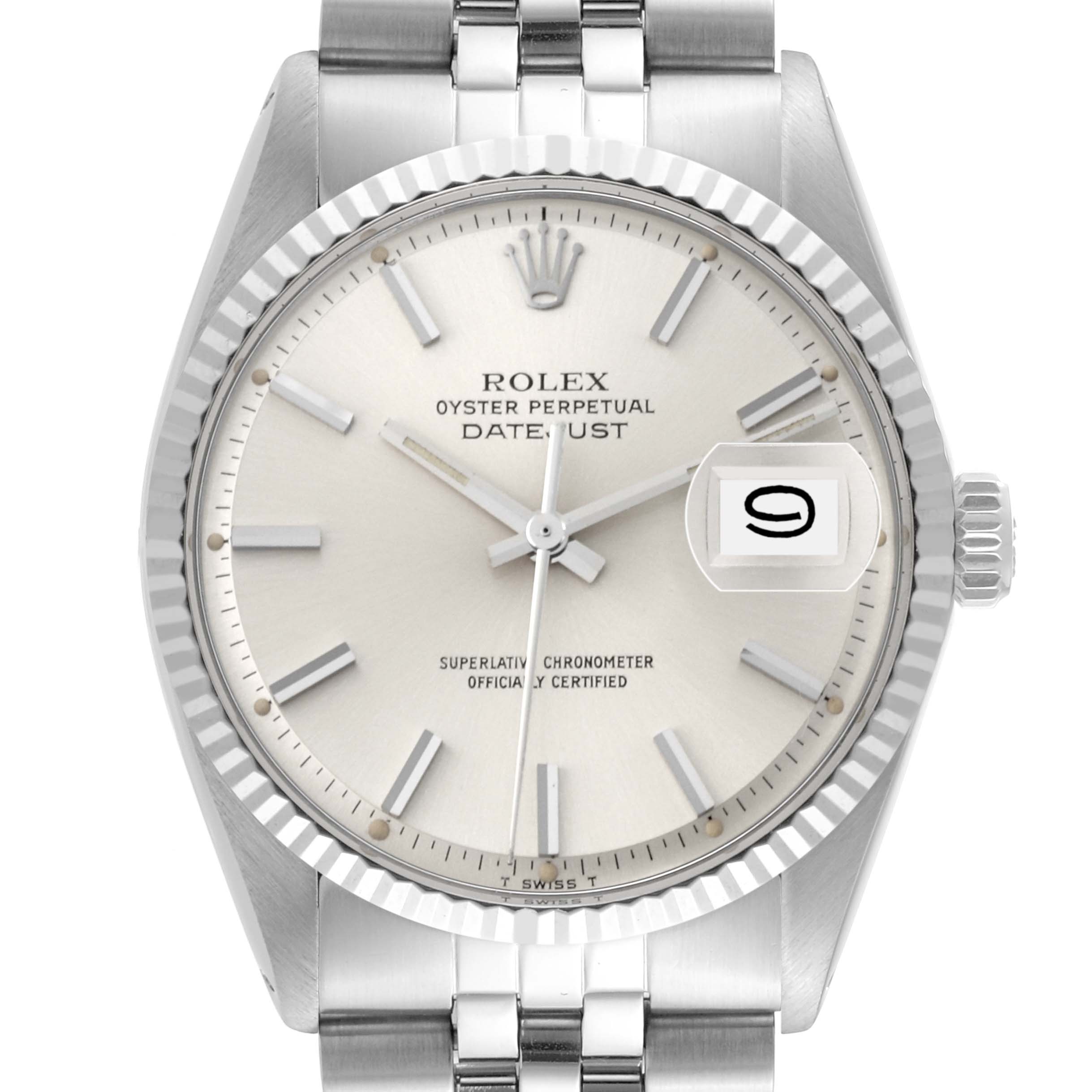The image shows a frontal view of the Rolex Datejust 1601 Men's Stainless Steel Silver Dial 1601 Men's Stainless Steel Silver Dial watch, highlighting its dial, bezel, and part of the bracelet.